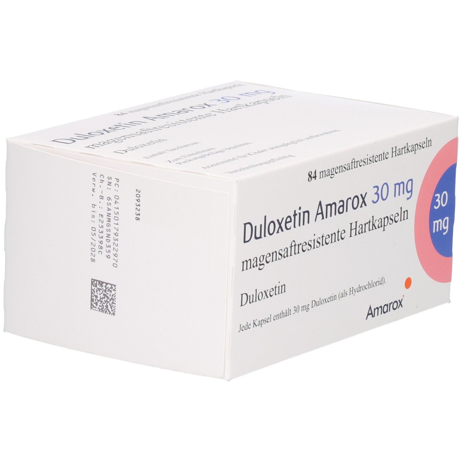 DULOXETIN Amarox 30 mg Schachtel. Seitenansicht mit Produktinformationen, Barcode und Logo.