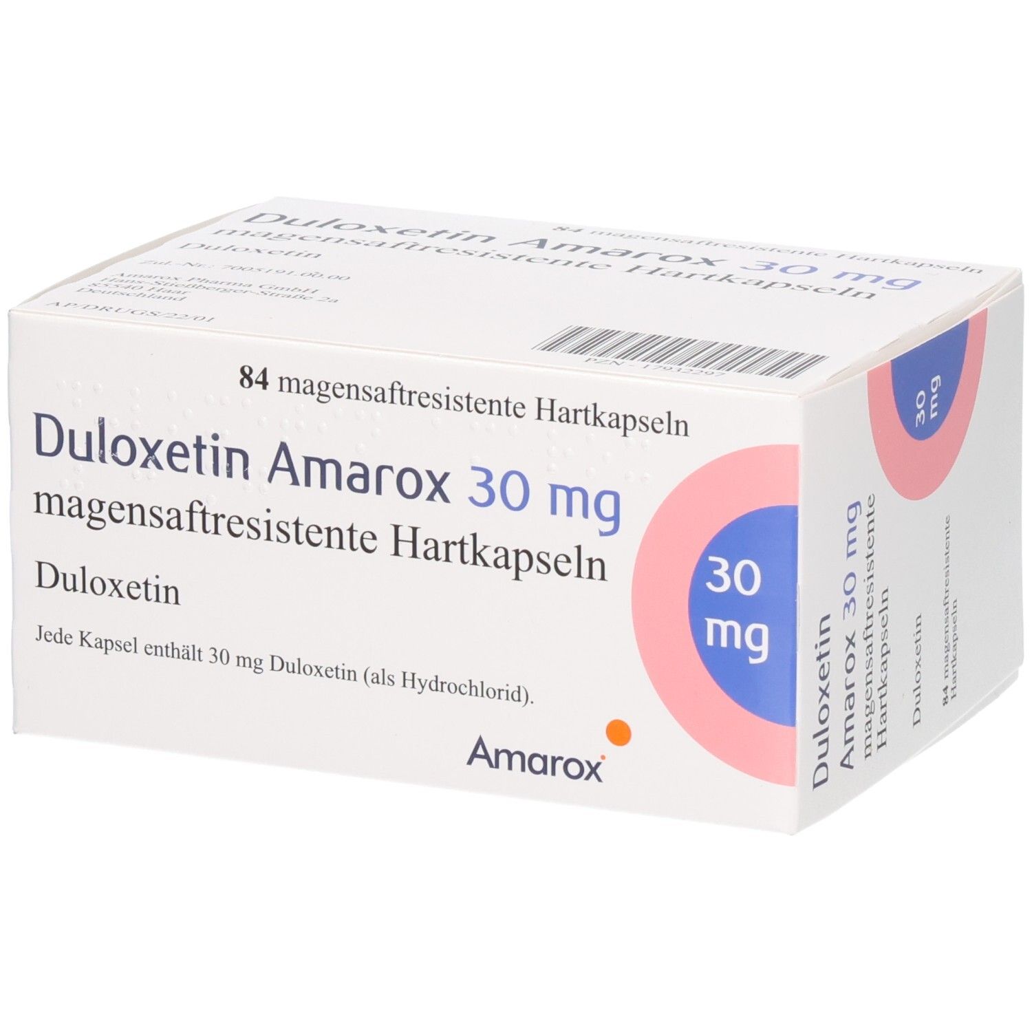 DULOXETIN Amarox 30 mg Schachtel. Ansicht mit Produktnamen, Dosierung und Logo.