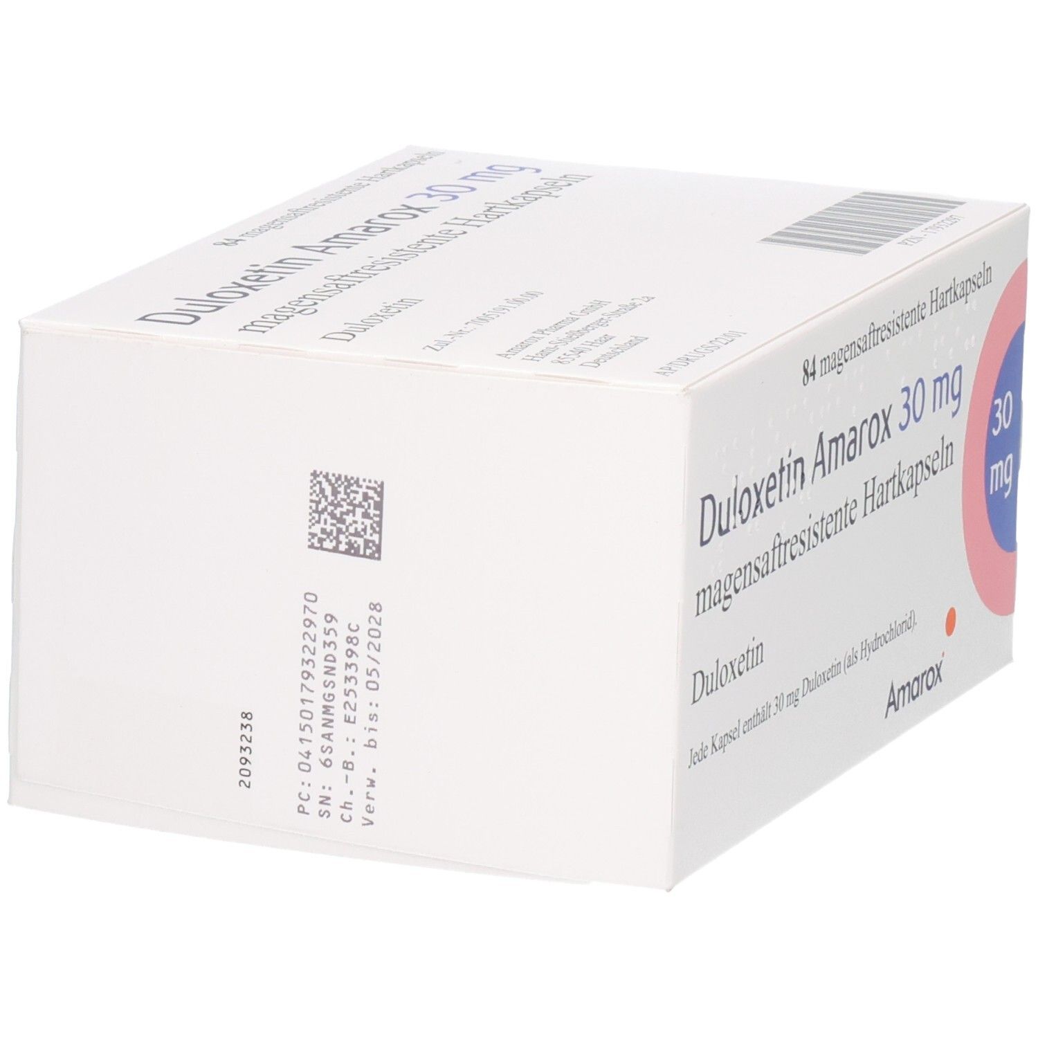 DULOXETIN Amarox 30 mg Schachtel. Seitenansicht mit Barcode und Produktinformationen.