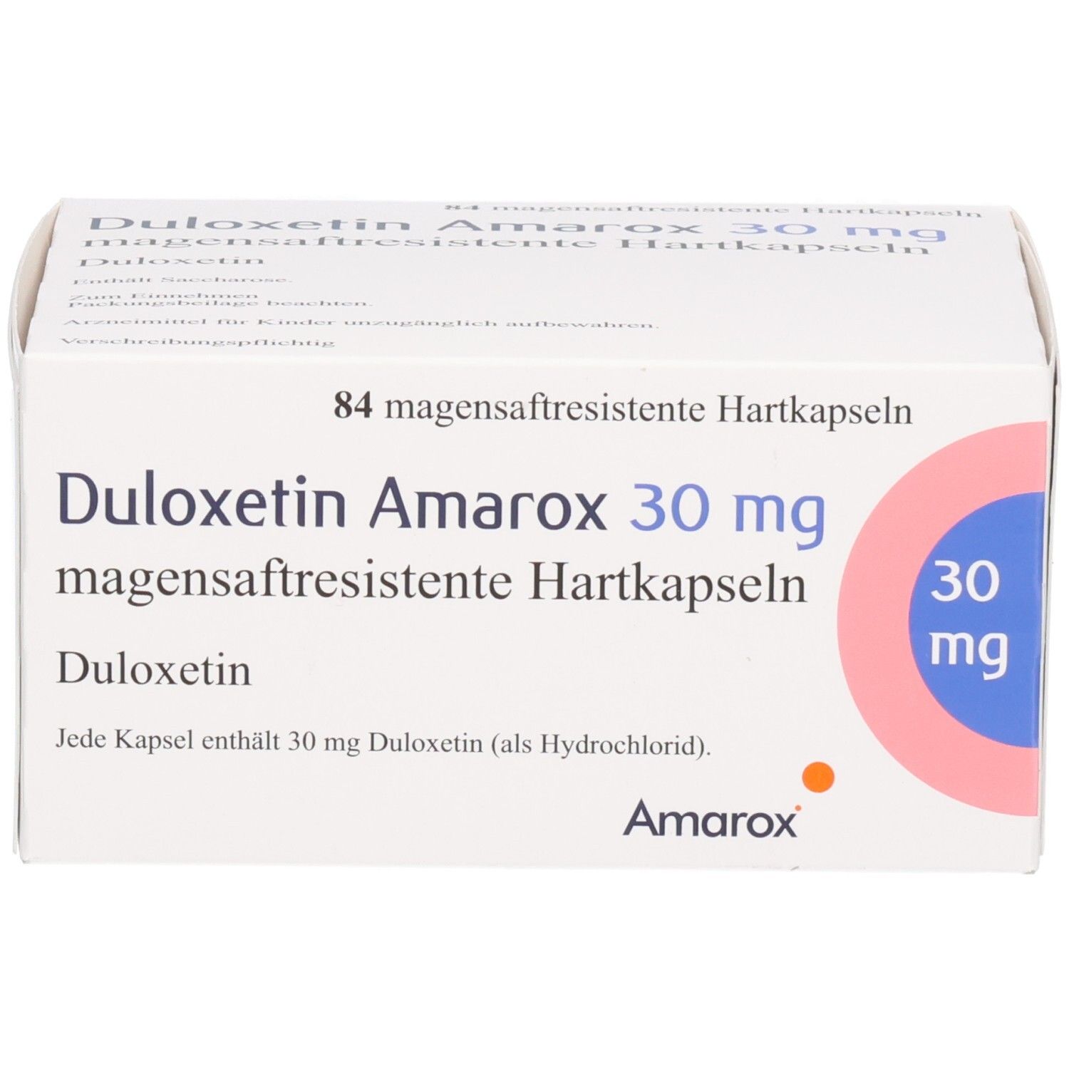 DULOXETIN Amarox 30 mg Schachtel. Vorderansicht mit Produktnamen, Dosierung und Logo.