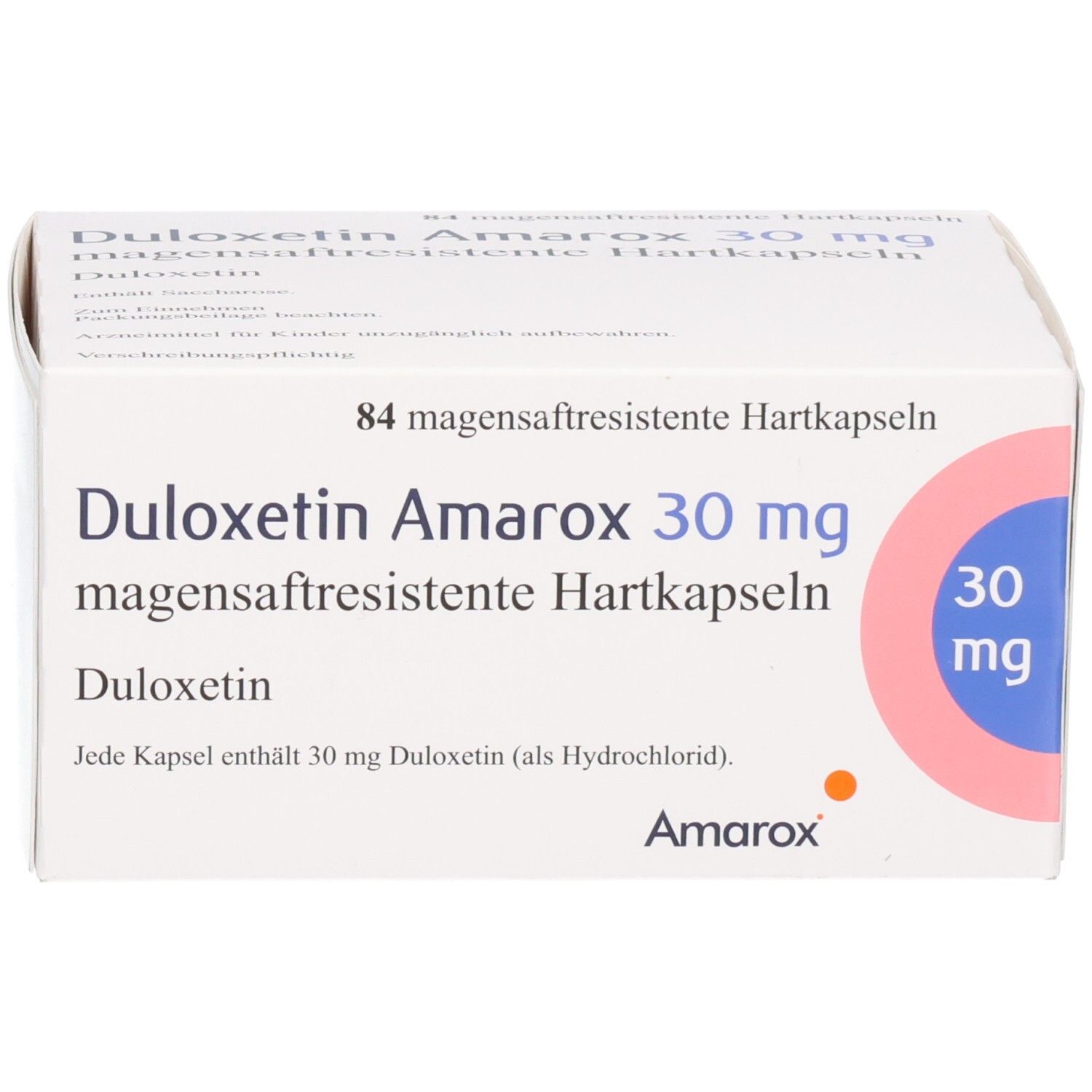 DULOXETIN Amarox 30 mg Schachtel. Vorderansicht mit Produktnamen, Dosierung und Logo.