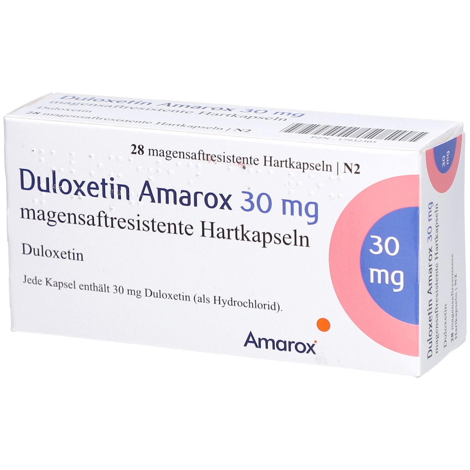 Weiße Arzneimittelverpackung. Aufschrift: Duloxetin Amarox 30 mg magensaftresistente Hartkapseln. 28 Kapseln. Amarox Logo.