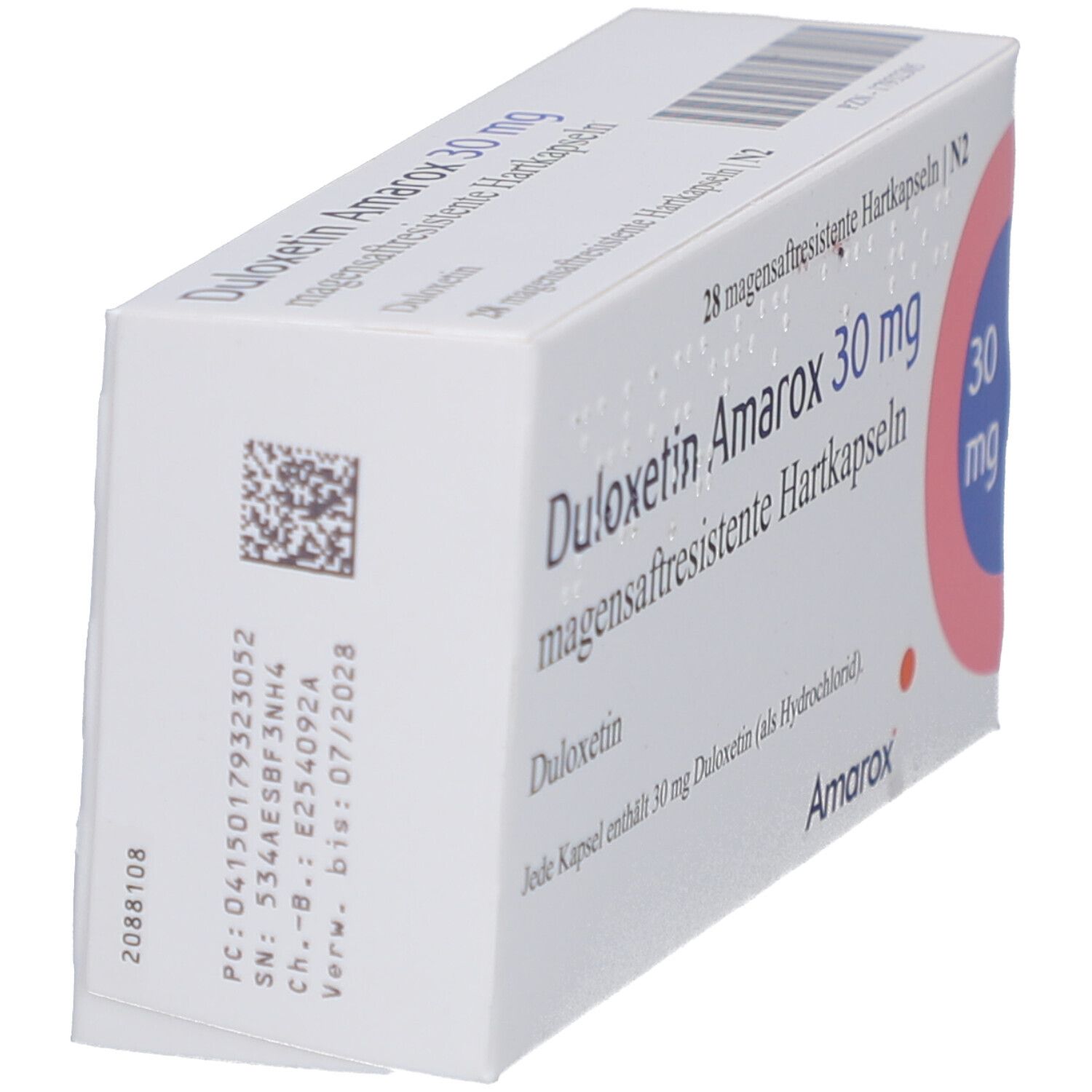 Arzneimittelverpackung, weiß. Aufschrift: Duloxetin Amarox 30 mg magensaftresistente Hartkapseln. Barcode und Verfallsdatum.