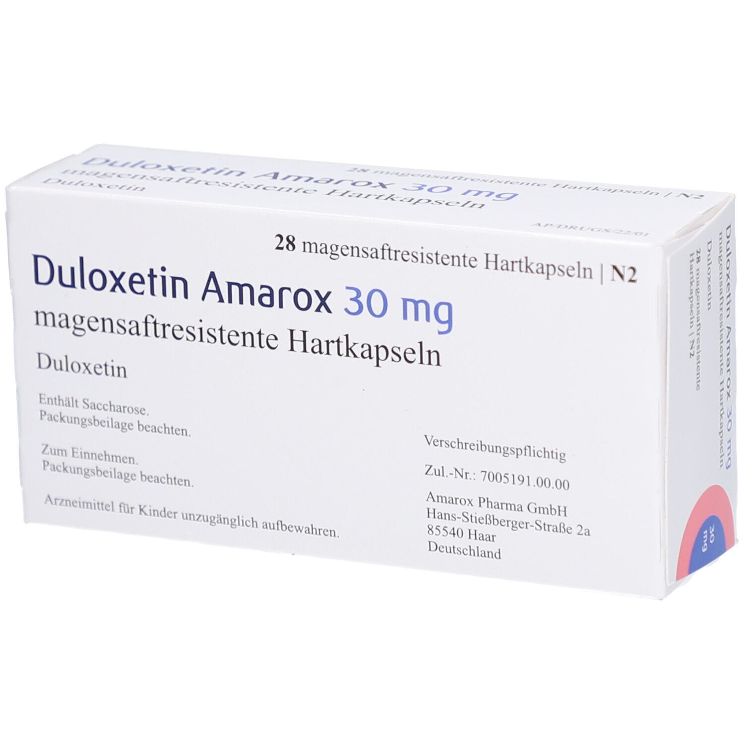 Weiße Arzneimittelverpackung. Aufschrift: Duloxetin Amarox 30 mg magensaftresistente Hartkapseln. Herstellerinformationen.
