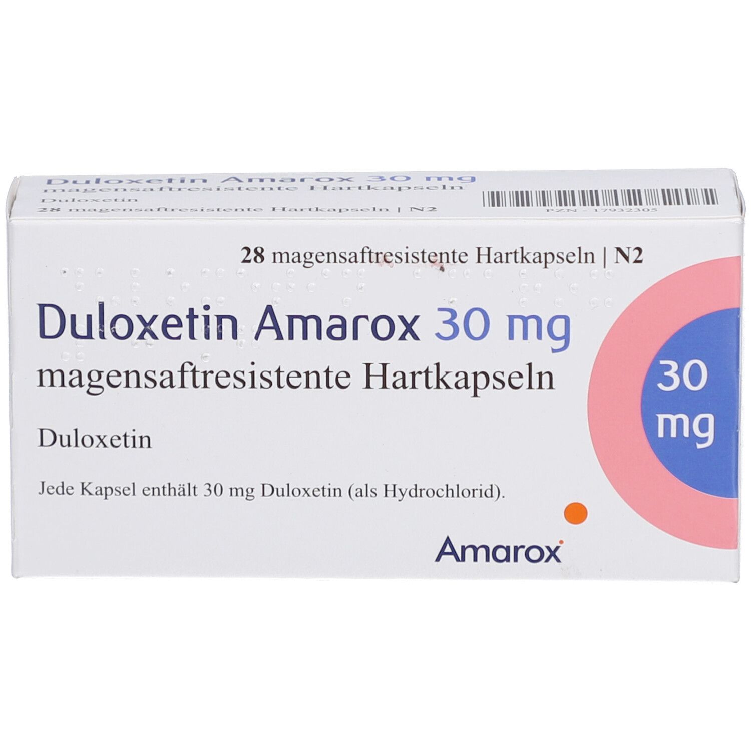 Weiße Arzneimittelverpackung. Aufschrift: Duloxetin Amarox 30 mg magensaftresistente Hartkapseln. 28 Kapseln. Amarox Logo.