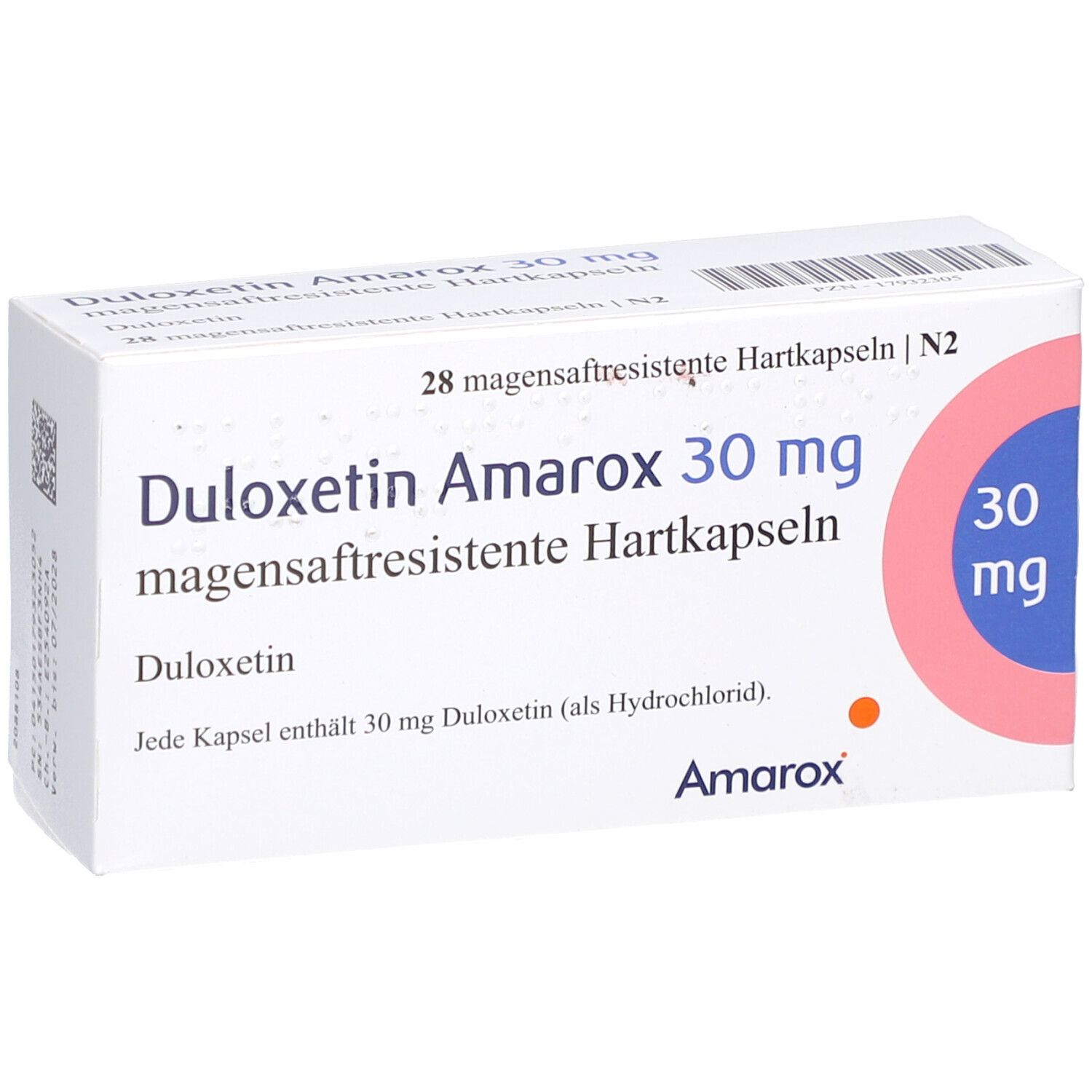Weiße Arzneimittelverpackung. Aufschrift: Duloxetin Amarox 30 mg magensaftresistente Hartkapseln. 28 Kapseln. Amarox Logo.