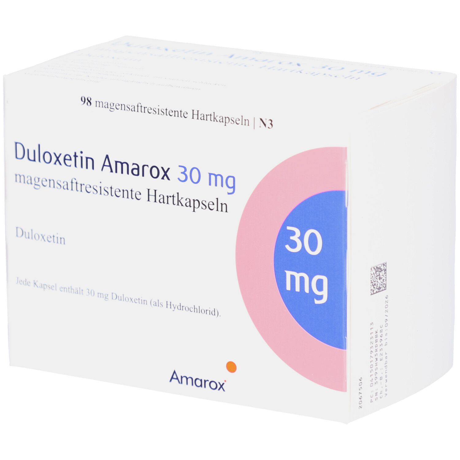 Weiße Arzneimittelverpackung mit Aufschrift DULOXETIN Amarox 30 mg. Enthält 98 magensaftresistente Hartkapseln. Logo Amarox.
