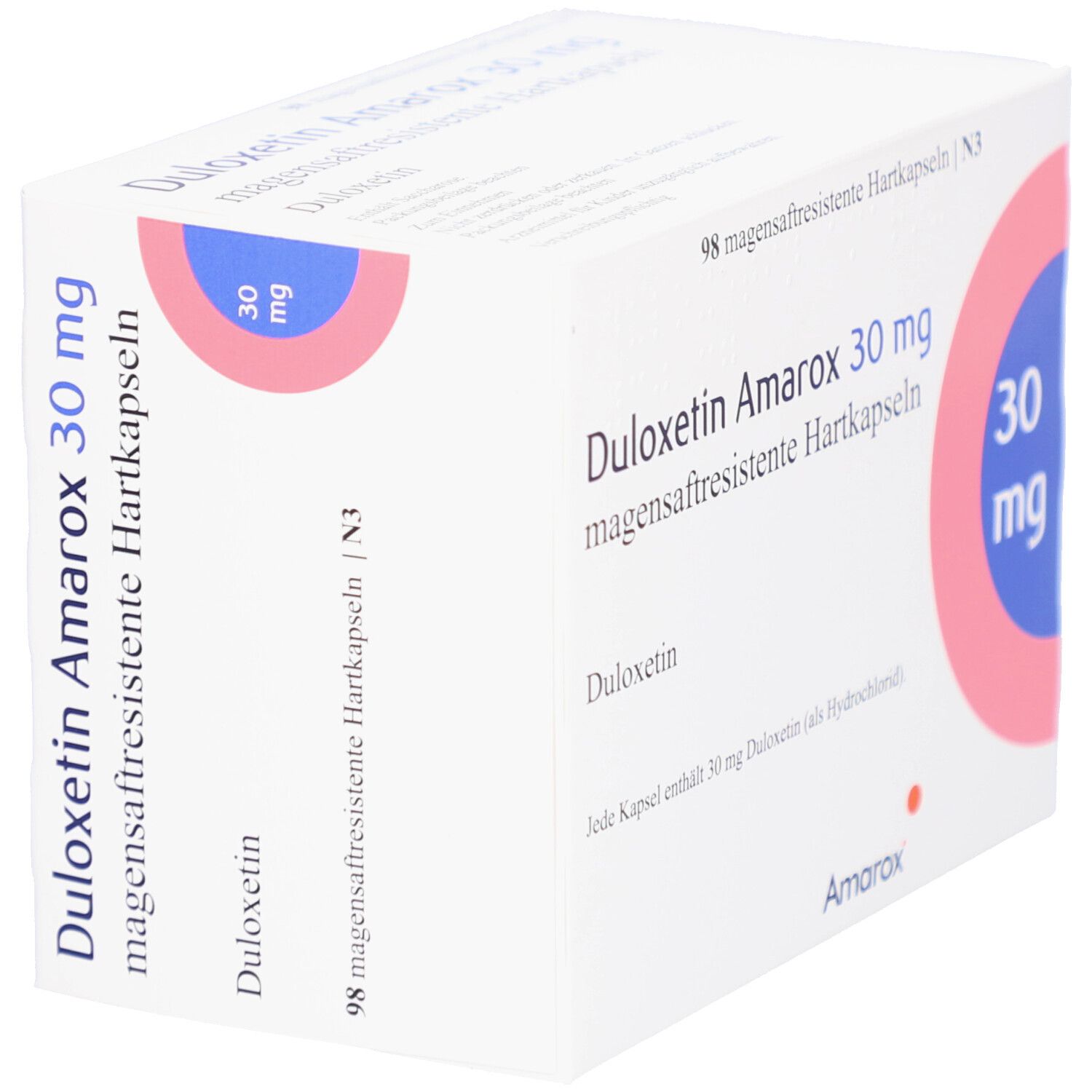 Arzneimittelverpackung, weiß, mit DULOXETIN Amarox 30 mg. 98 magensaftresistente Hartkapseln. Logo Amarox. Ansicht schräg.