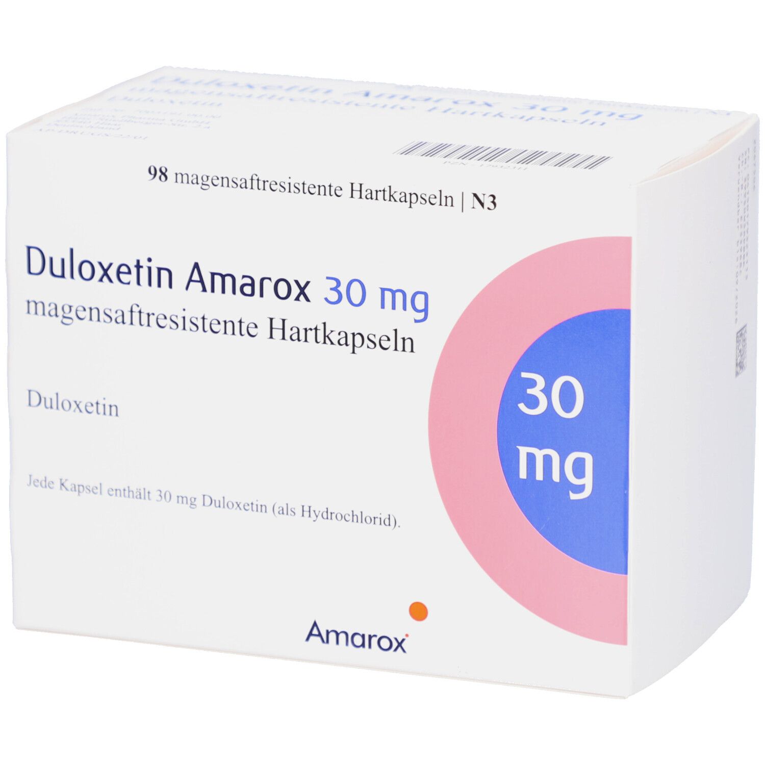 Weiße Arzneimittelverpackung mit DULOXETIN Amarox 30 mg. 98 magensaftresistente Hartkapseln. Logo Amarox. Nahaufnahme.