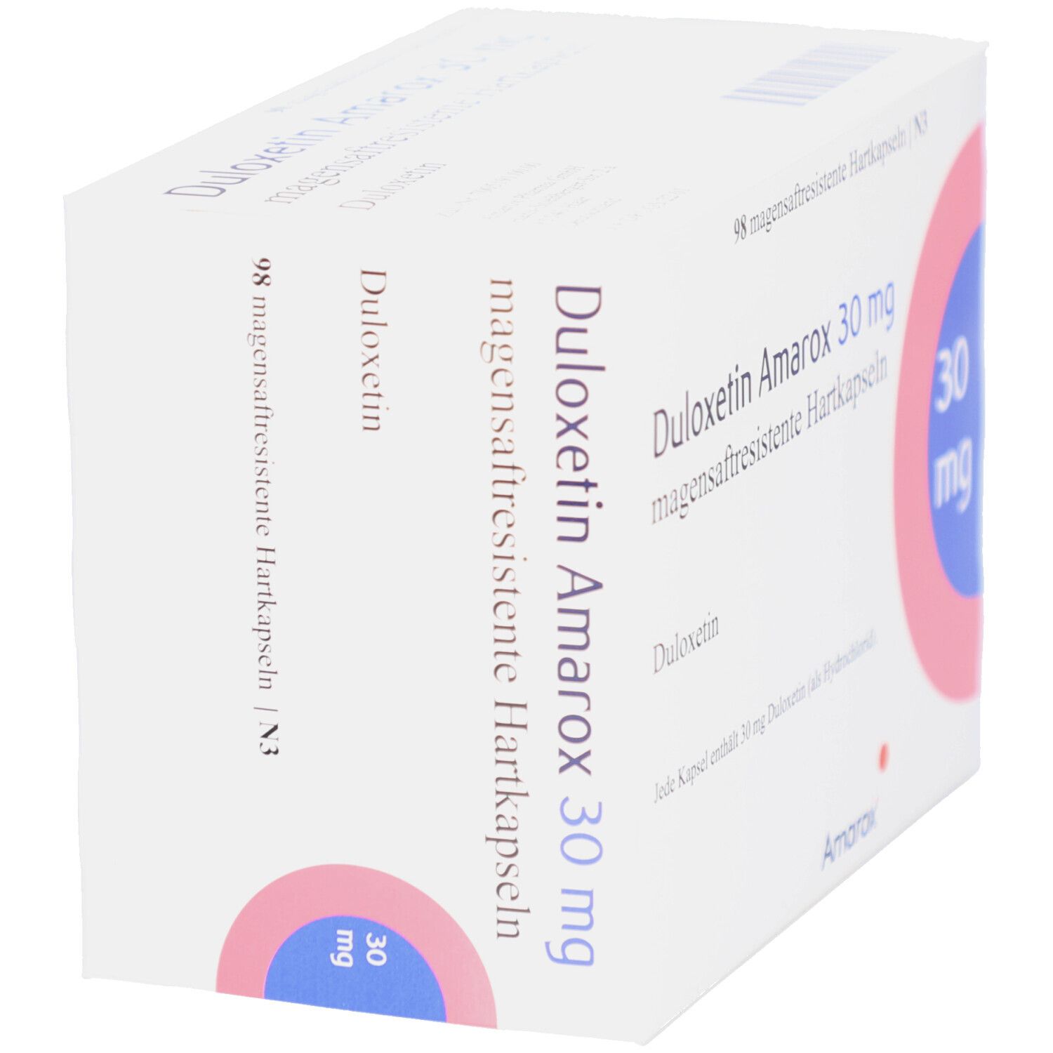 Arzneimittelverpackung, weiß, mit DULOXETIN Amarox 30 mg. 98 magensaftresistente Hartkapseln. Logo Amarox. Schräge Ansicht.