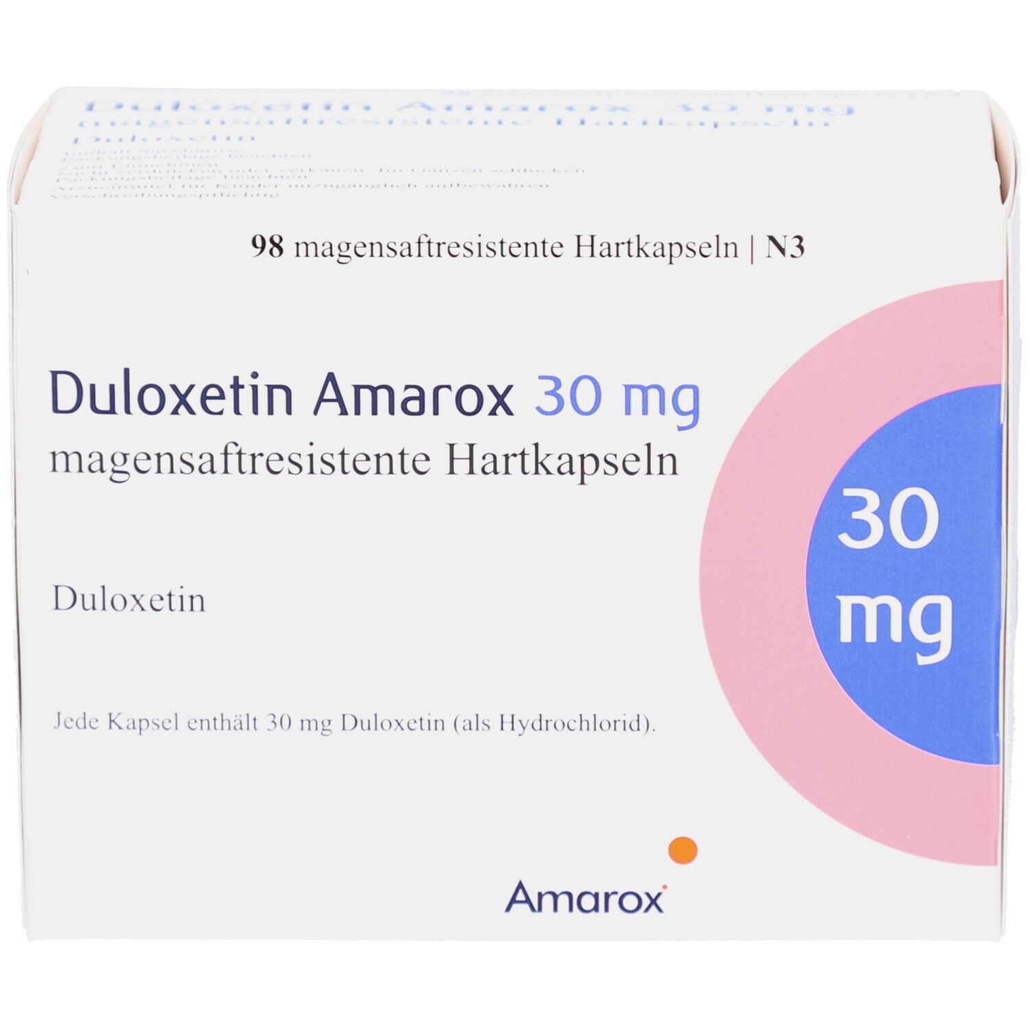 Weiße Arzneimittelverpackung mit DULOXETIN Amarox 30 mg. 98 magensaftresistente Hartkapseln. Logo Amarox. Draufsicht.