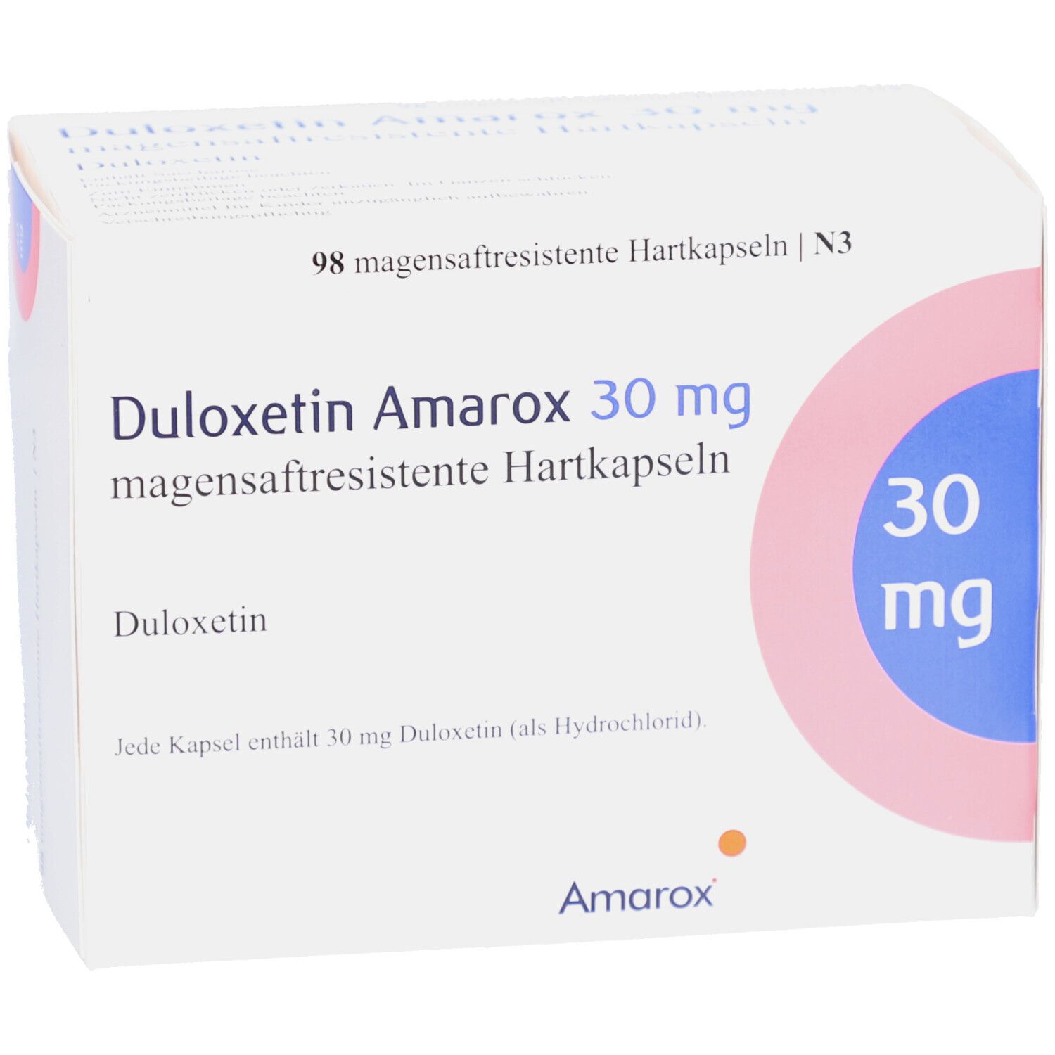 Weiße Arzneimittelverpackung mit DULOXETIN Amarox 30 mg. 98 magensaftresistente Hartkapseln. Logo Amarox. Nahaufnahme.