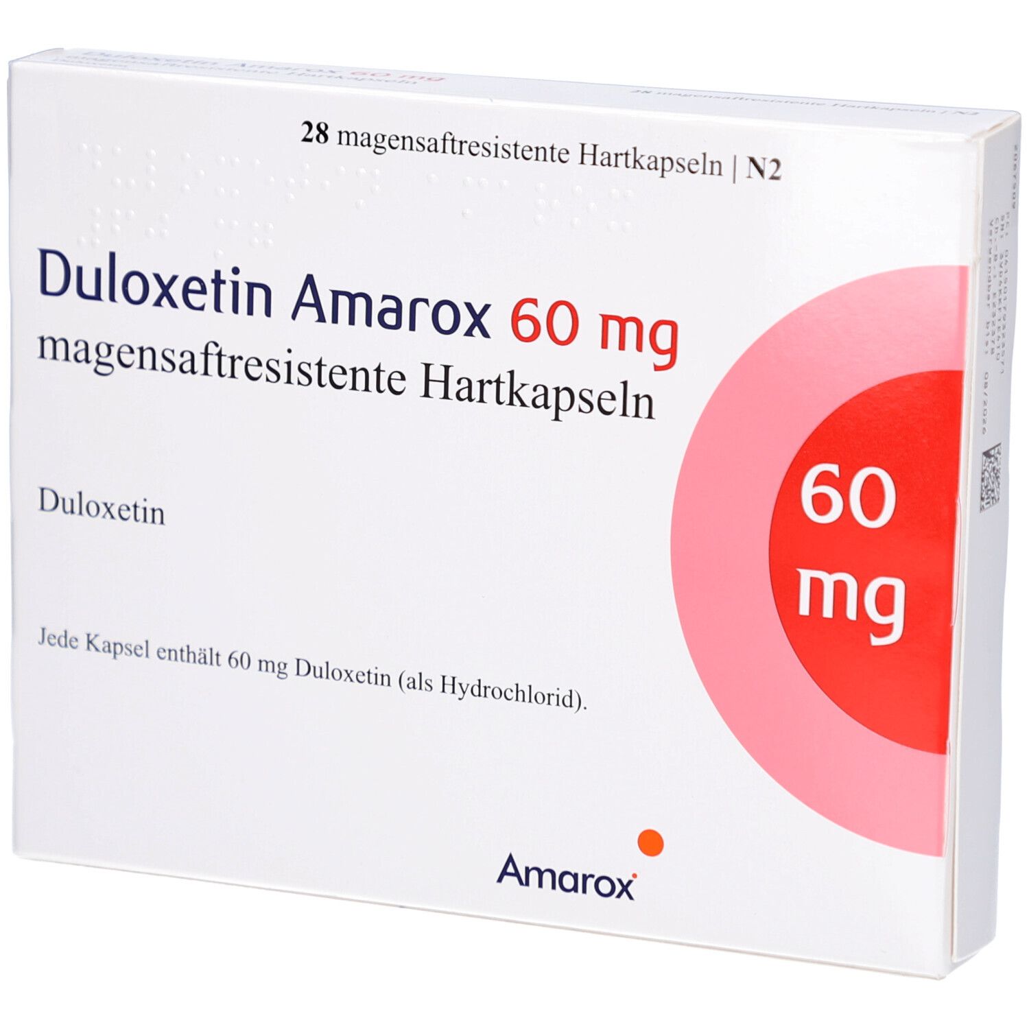 Weiße Schachtel mit Aufschrift DULOXETIN Amarox 60 mg. Roter Kreis mit 60 mg. 28 magensaftresistente Hartkapseln.