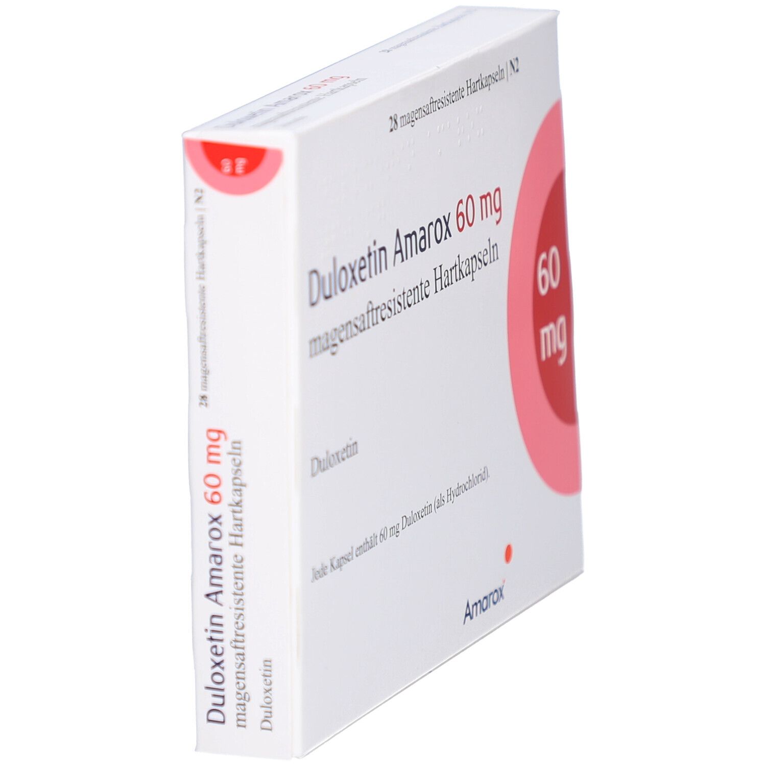 Weiße Schachtel, seitliche Ansicht. Aufschrift DULOXETIN Amarox 60 mg. Roter Kreis mit 60 mg. 28 Hartkapseln.