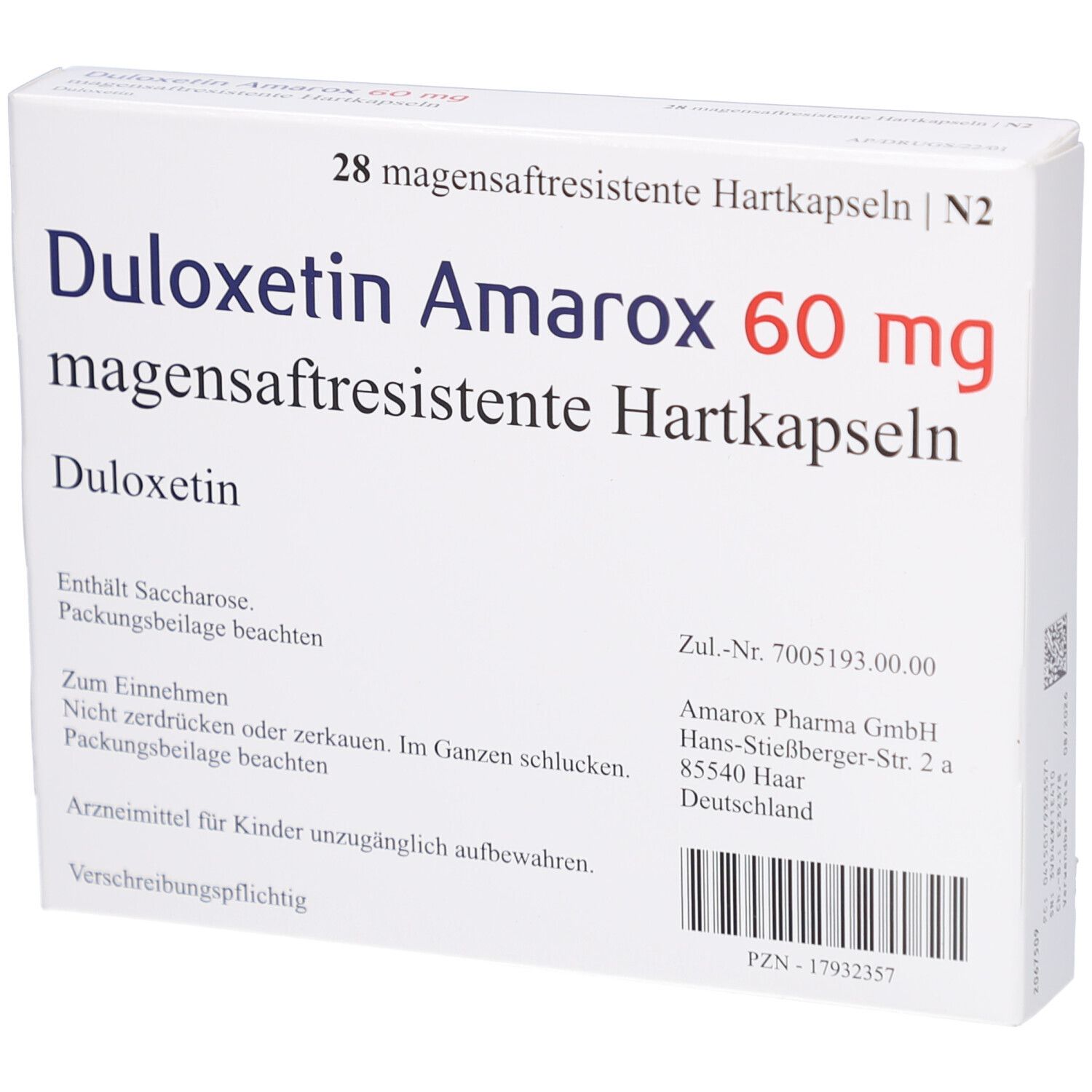 Weiße Schachtel mit Text. Aufschrift DULOXETIN Amarox 60 mg. Enthält Saccharose. Packungsbeilage beachten.