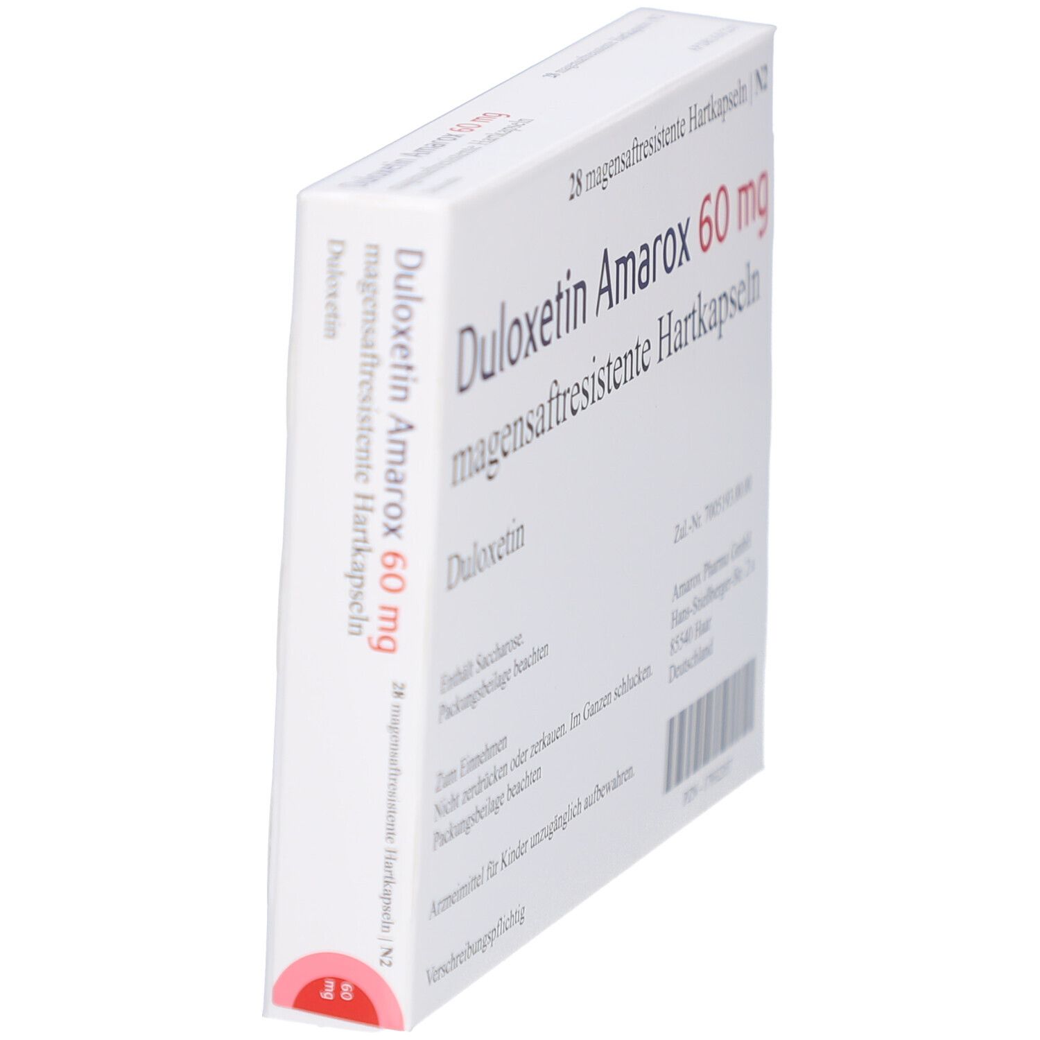 Weiße Schachtel, seitliche Ansicht. Aufschrift DULOXETIN Amarox 60 mg. Text und Barcode. 28 Hartkapseln.