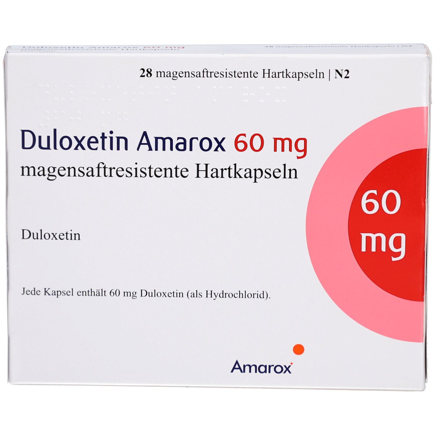 Weiße Schachtel mit Aufschrift DULOXETIN Amarox 60 mg. Roter Kreis mit 60 mg. 28 magensaftresistente Hartkapseln.
