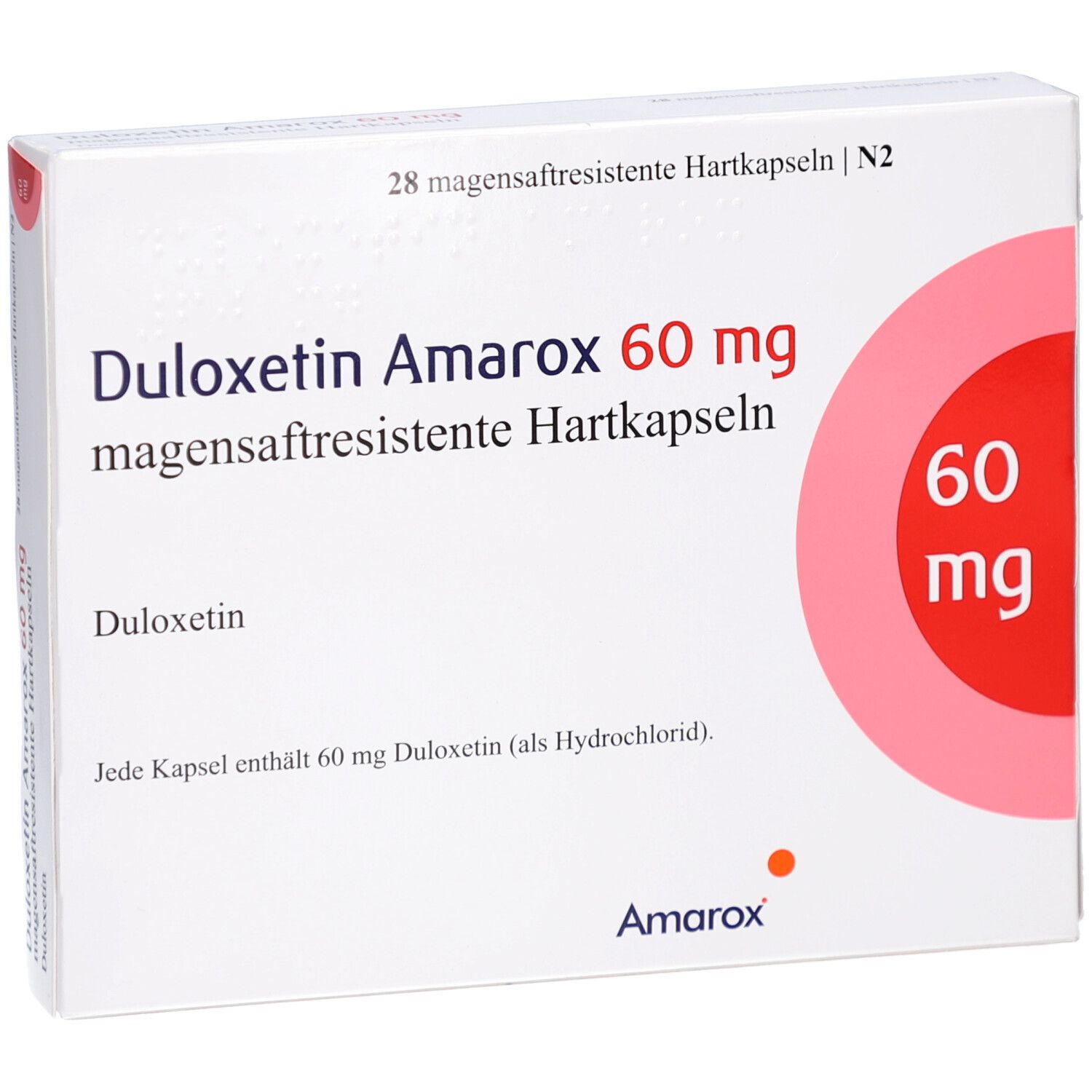 Weiße Schachtel mit Aufschrift DULOXETIN Amarox 60 mg. Roter Kreis mit 60 mg. 28 magensaftresistente Hartkapseln.