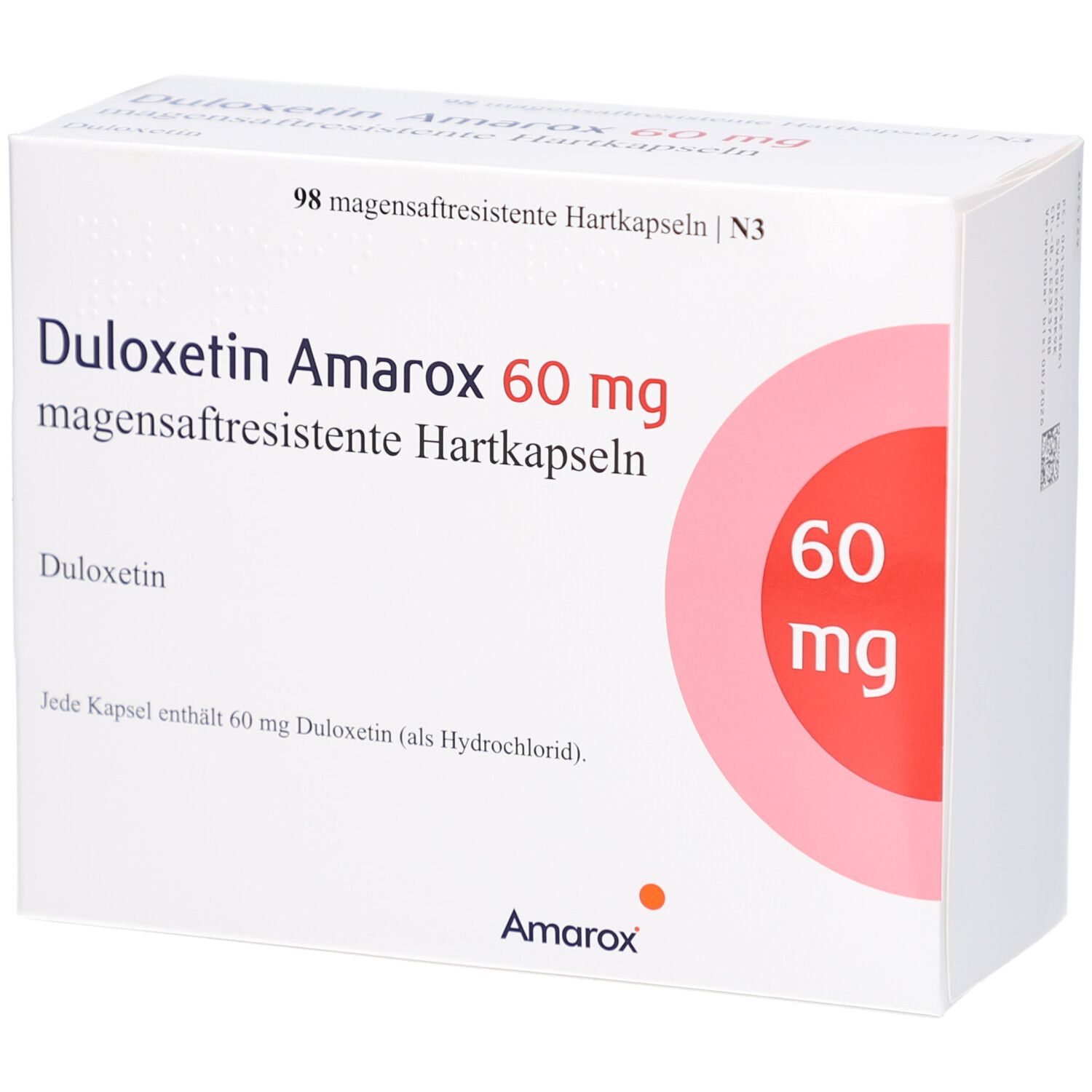 Weiße Schachtel mit Aufschrift DULOXETIN Amarox 60 mg. Roter Kreis mit 60 mg. 98 magensaftresistente Hartkapseln.