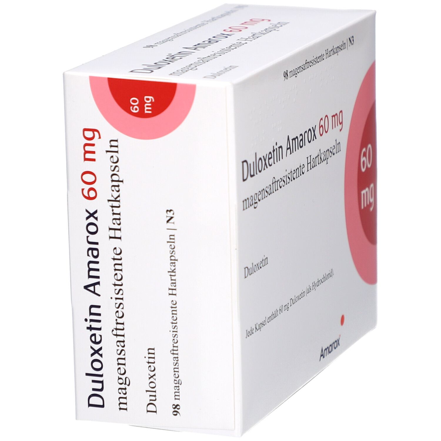 Weiße Schachtel mit DULOXETIN Amarox 60 mg. Roter Kreis mit 60 mg. 98 magensaftresistente Hartkapseln. Schräge Ansicht.