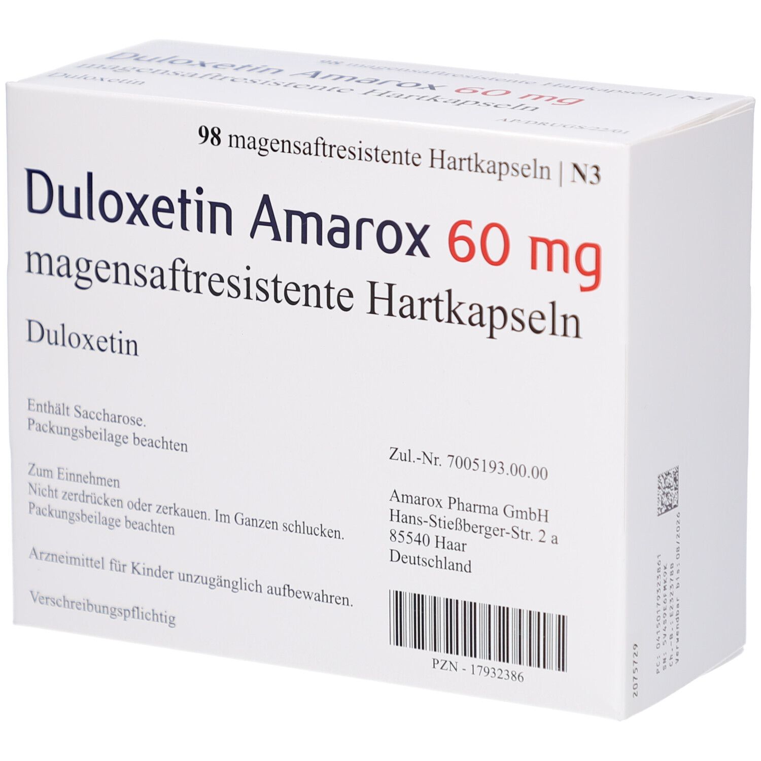 Weiße Schachtel mit Text. DULOXETIN Amarox 60 mg. 98 magensaftresistente Hartkapseln. Rückseite mit Text und Barcode.