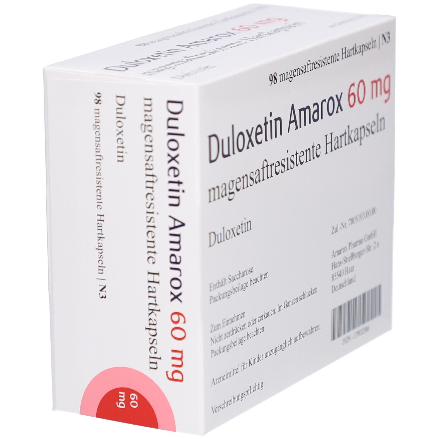 Weiße Schachtel mit Text. DULOXETIN Amarox 60 mg. 98 magensaftresistente Hartkapseln. Schräge Ansicht.
