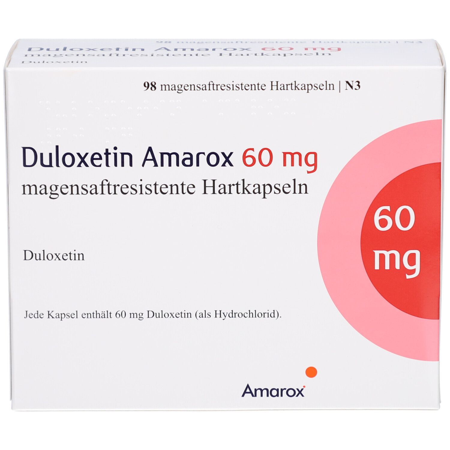 Weiße Schachtel mit DULOXETIN Amarox 60 mg. Roter Kreis mit 60 mg. 98 magensaftresistente Hartkapseln.