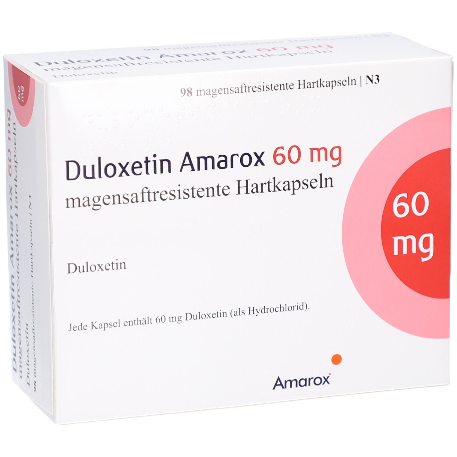 Weiße Schachtel mit DULOXETIN Amarox 60 mg. Roter Kreis mit 60 mg. 98 magensaftresistente Hartkapseln.