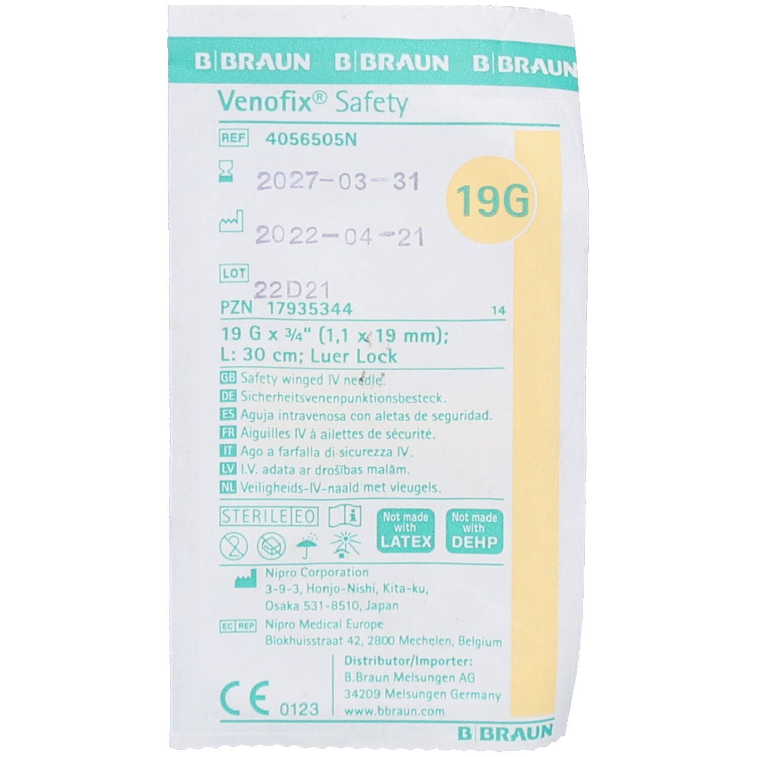 Verpackung mit Produktinformationen. Text zeigt: B. Braun, Venofix Safety, 19G, 1,1 x 19 mm, 30 cm.