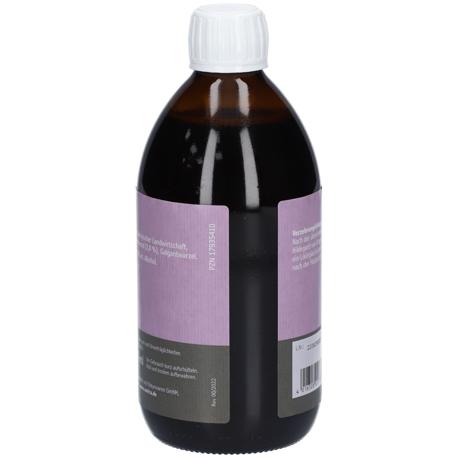 Braune Flasche mit weißem Deckel. Rückseite mit Text, PZN und Chargennummer.