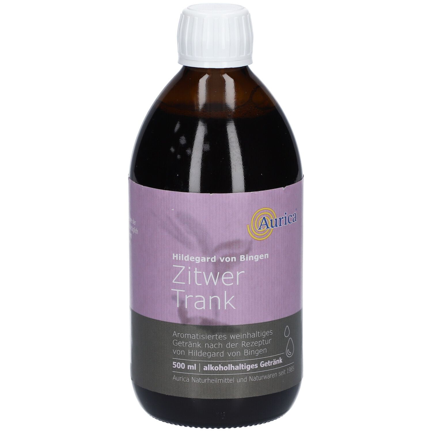 Braune Flasche mit weißem Deckel. Etikett mit "Aurica Zitwer Trank", 500 ml.