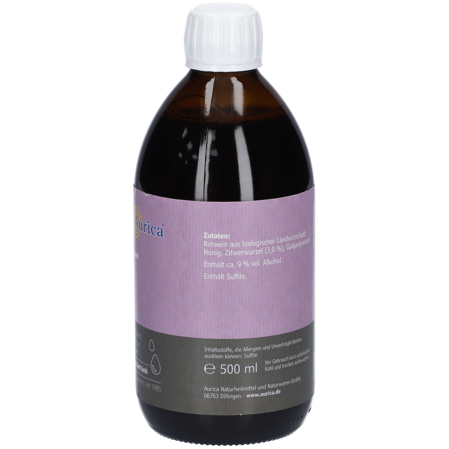 Braune Flasche mit weißem Deckel. Rückseite mit Zutatenliste und Inhaltsangabe.