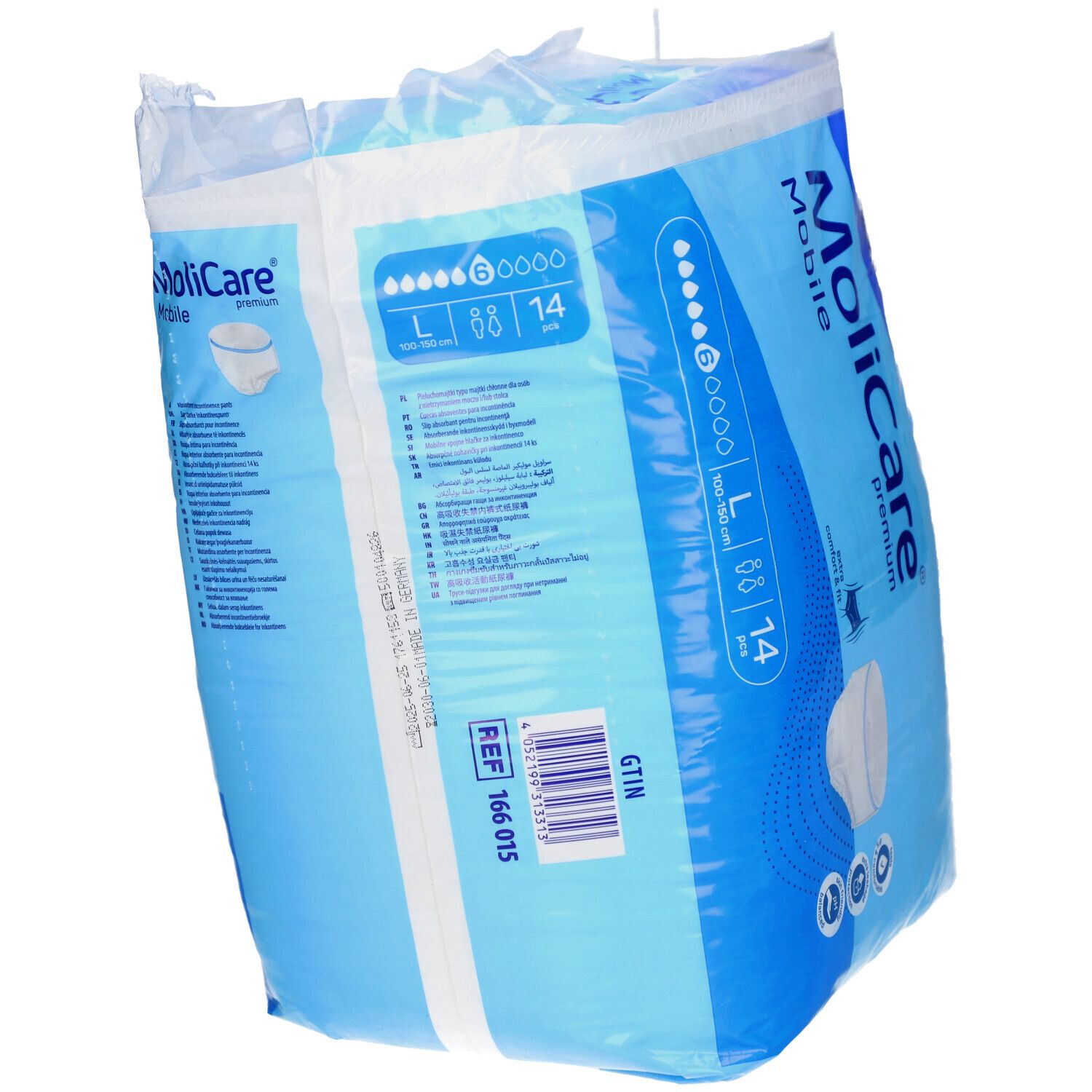 Verpackung MoliCare Mobile Premium, Größe L, 14 Stück. Blaue Verpackung mit Produktabbildung und Logo.