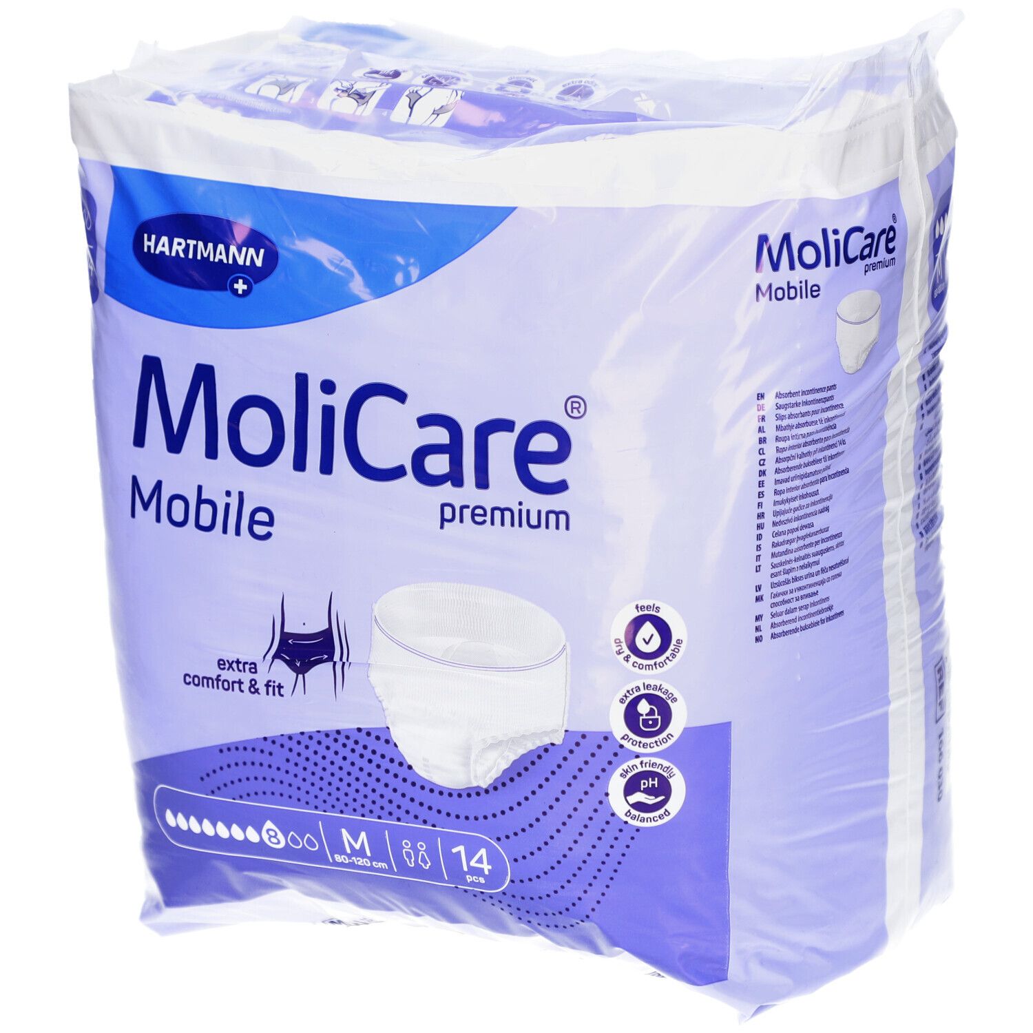 Verpackung MoliCare Mobile Pants M, 80-120 cm. Marke Hartmann. Extra Komfort & Passform. 14 Stück. Inhaltsangabe und Piktogramme.