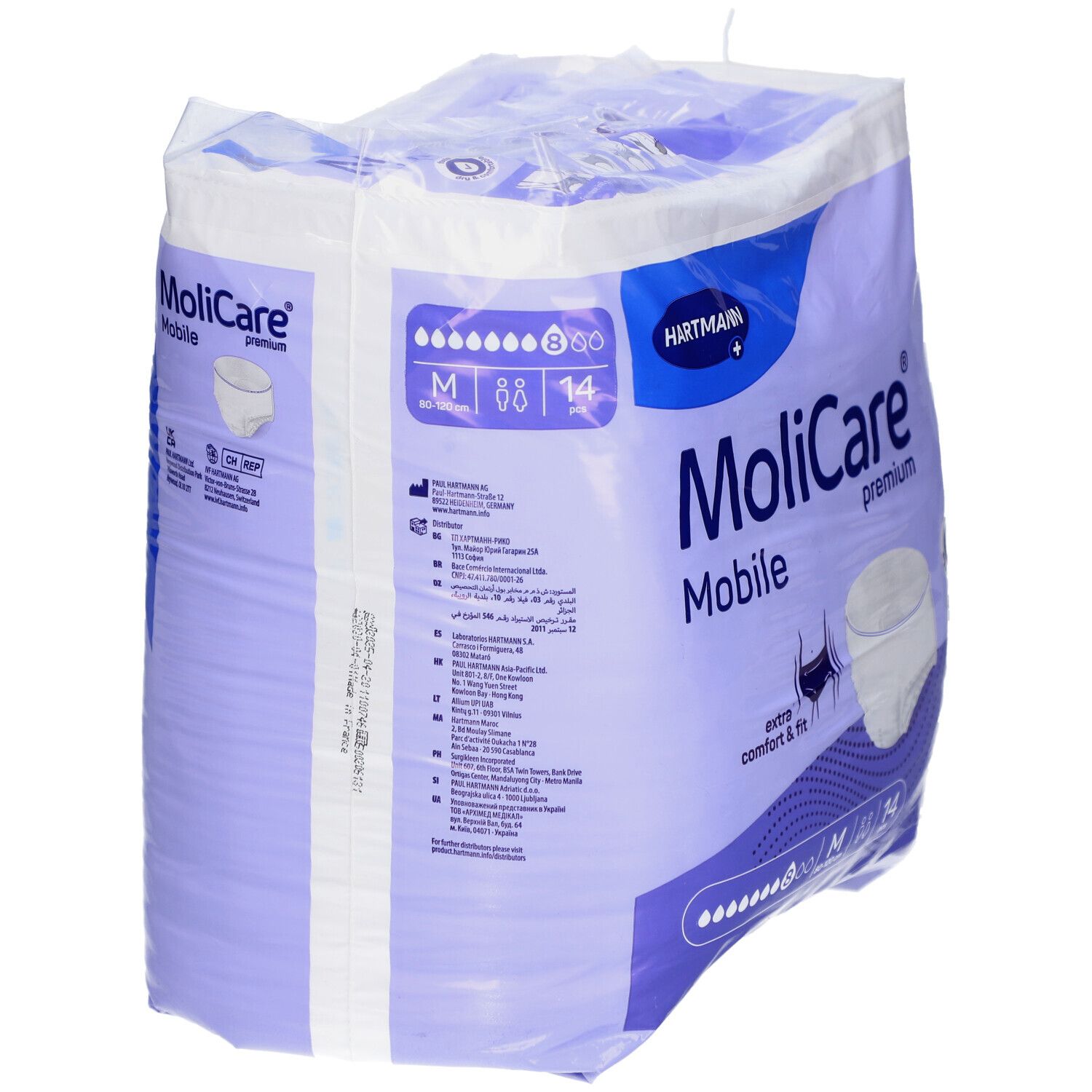 Verpackung MoliCare Mobile Pants M, 80-120 cm. Marke Hartmann. Extra Komfort & Passform. 14 Stück. Rückseite mit Text und Piktogrammen.