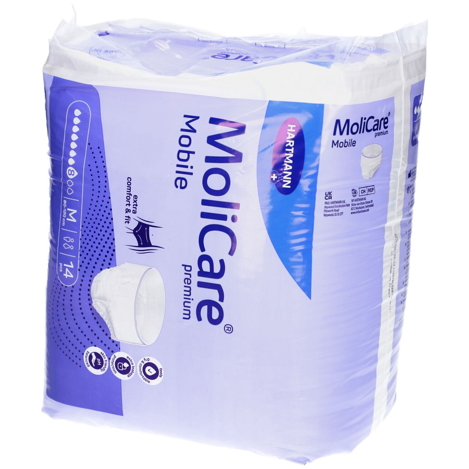 Verpackung MoliCare Mobile Pants M, 80-120 cm. Marke Hartmann. Extra Komfort & Passform. 14 Stück. Piktogramme für Schutz und Komfort.