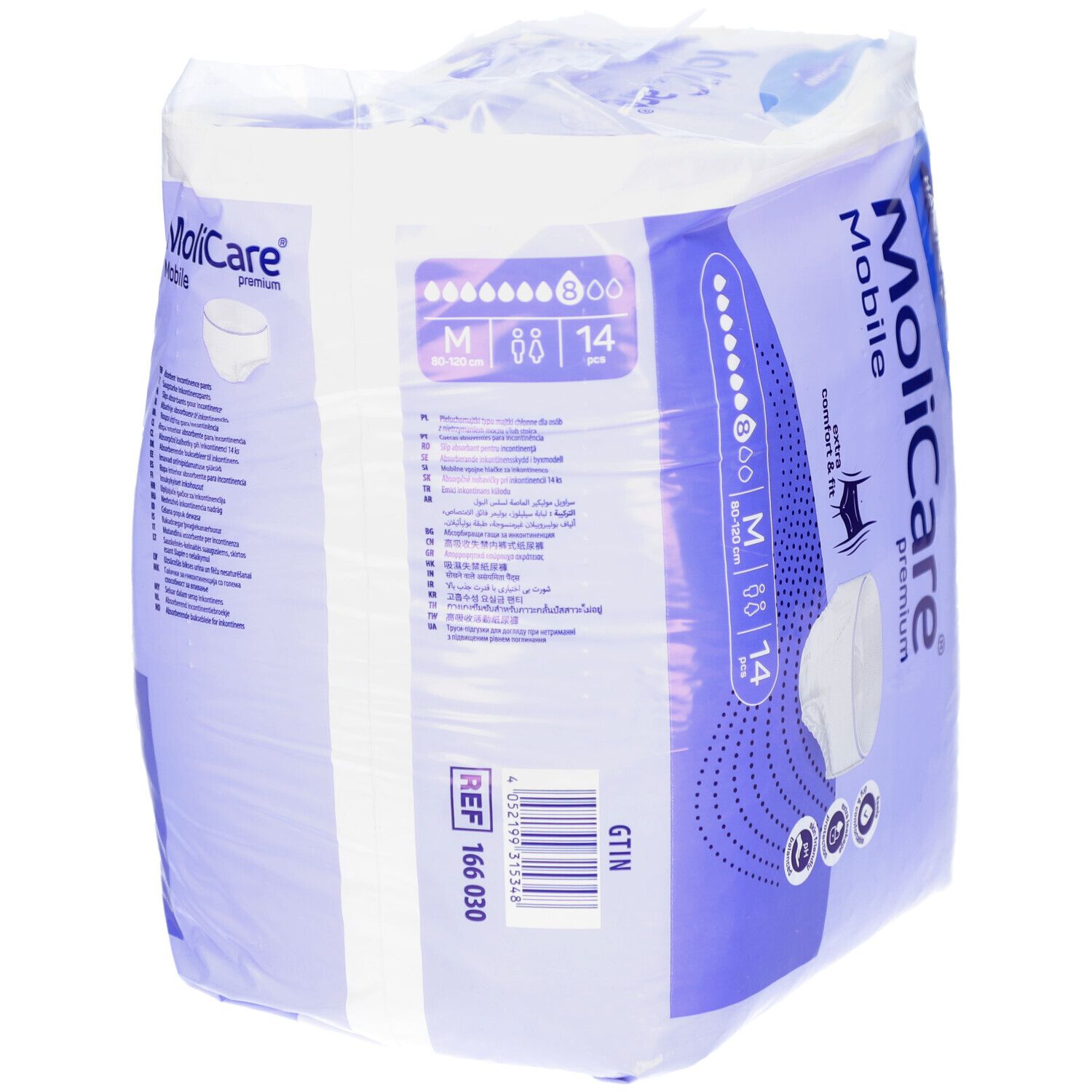 Verpackung MoliCare Mobile Pants M, 80-120 cm. Marke Hartmann. Extra Komfort & Passform. 14 Stück. Rückseite mit Text und Barcode.
