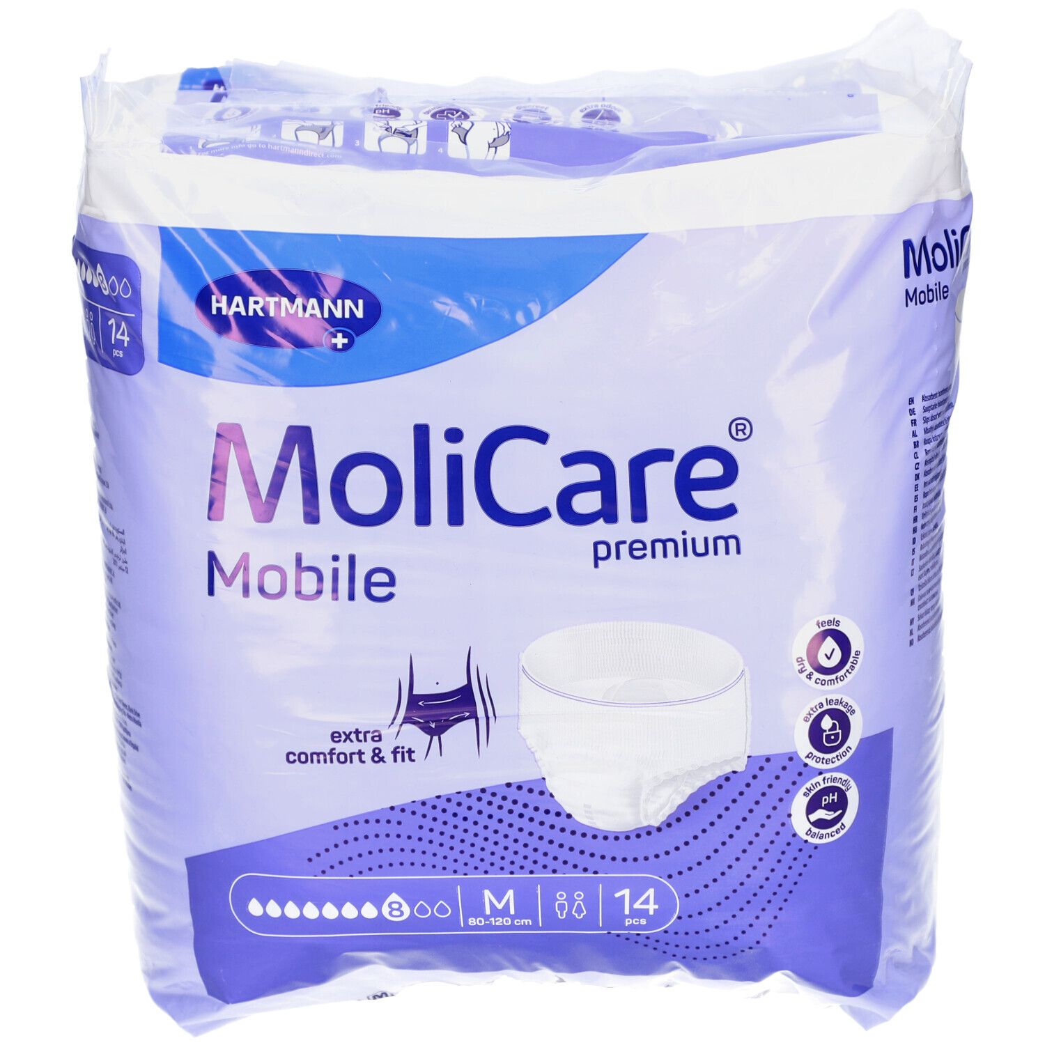 Verpackung MoliCare Mobile Pants M, 80-120 cm. Marke Hartmann. Extra Komfort & Passform. 14 Stück. Piktogramme für Schutz und Komfort.