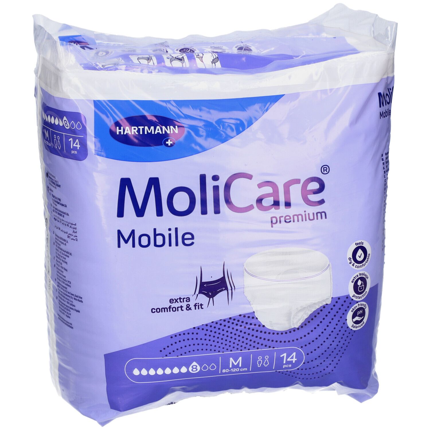 Verpackung MoliCare Mobile Pants M, 80-120 cm. Marke Hartmann. Extra Komfort & Passform. 14 Stück. Piktogramme für Schutz und Komfort.