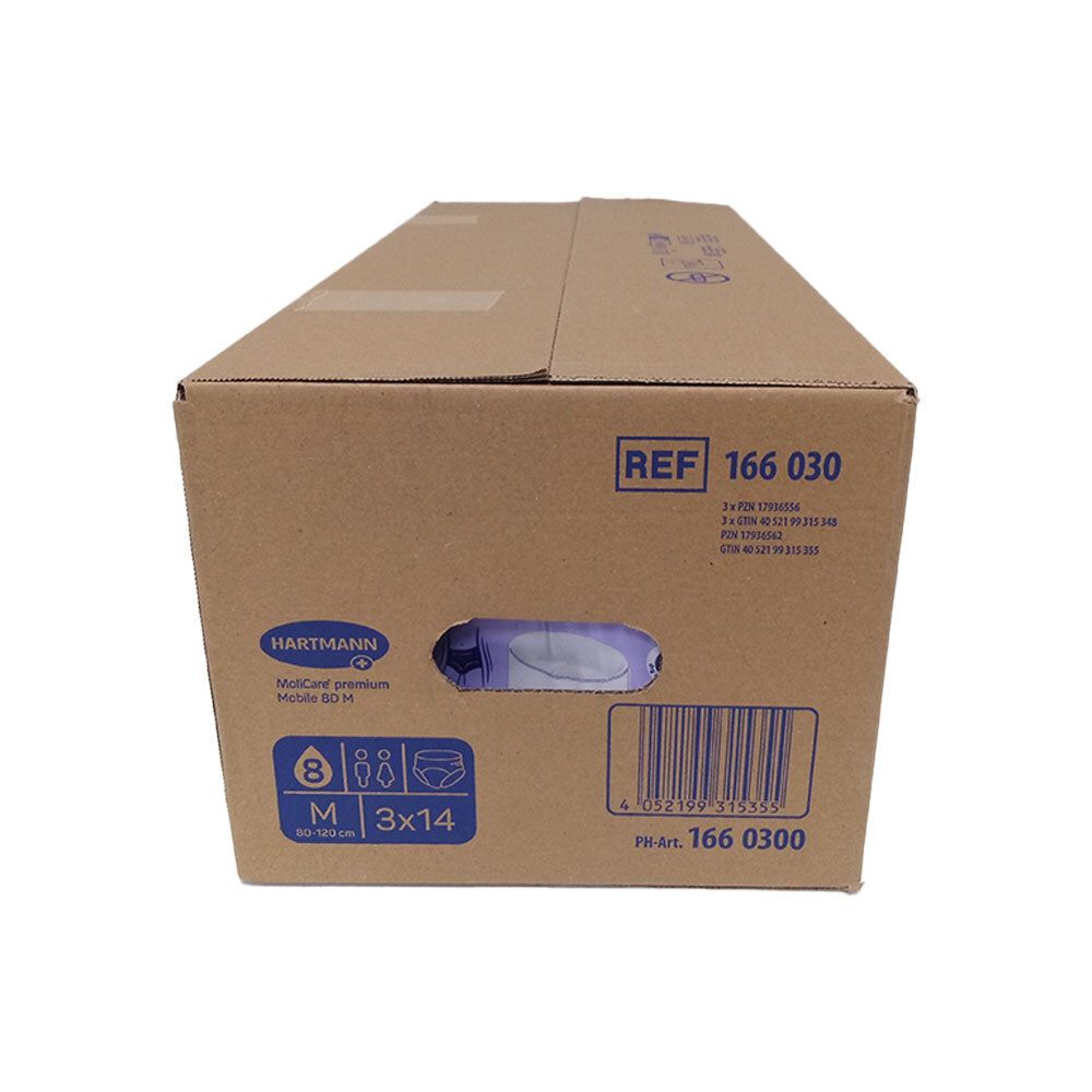 Karton mit Produktverpackung. Hartmann MoliCare Premium Mobile 8 Tropfen, Größe M. Sichtfenster zeigt Produkt. 3x14 Stück.
