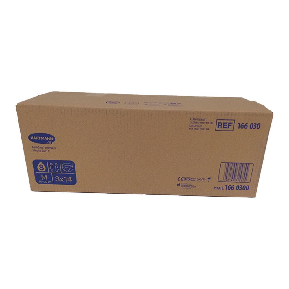 Karton mit Produktverpackung. Hartmann MoliCare Premium Mobile 8 Tropfen, Größe M. 3x14 Stück. Produktinformationen und Barcode.