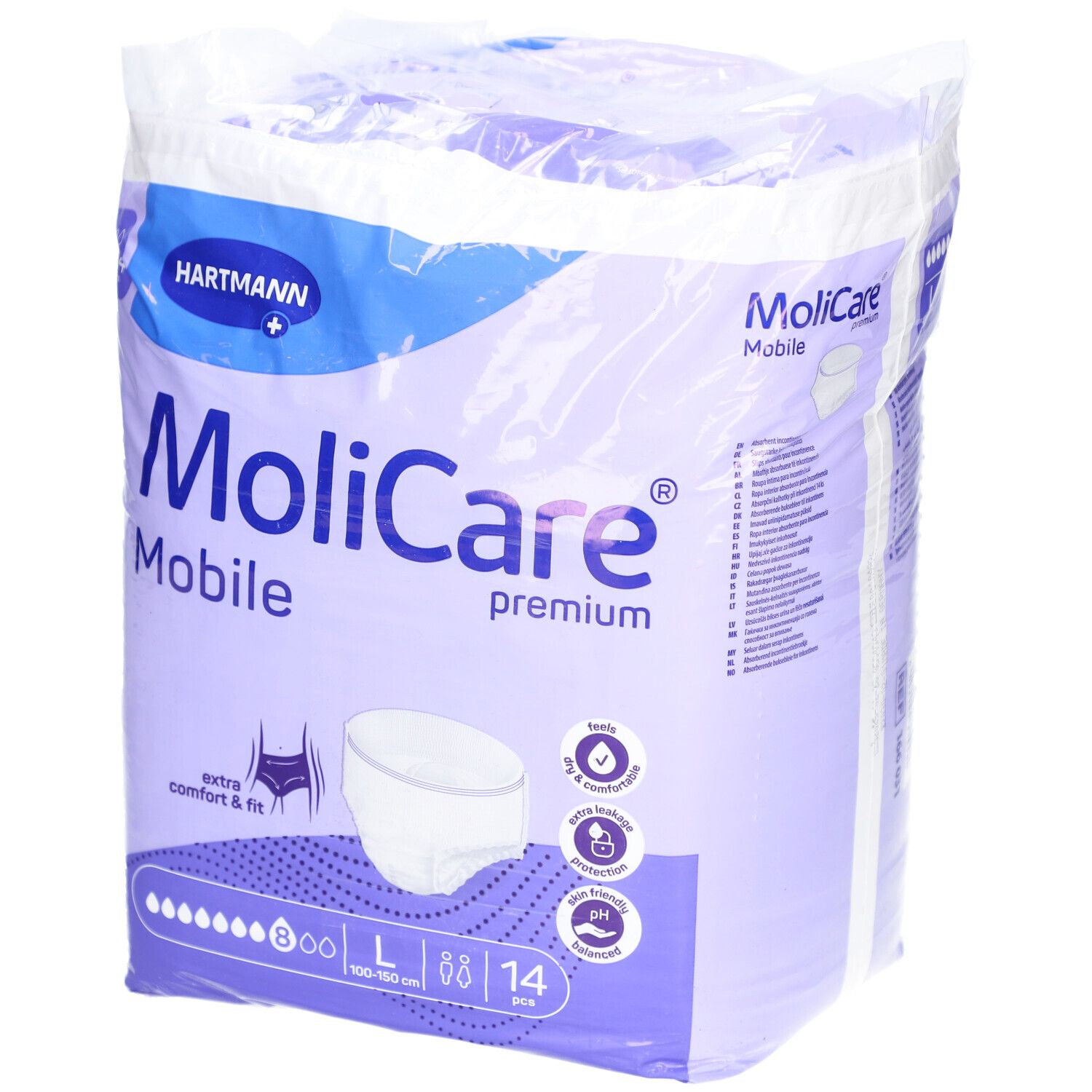Verpackung MoliCare Mobile Premium. Marke Hartmann. Größe L, 14 Stück. Extra Komfort & Passform.