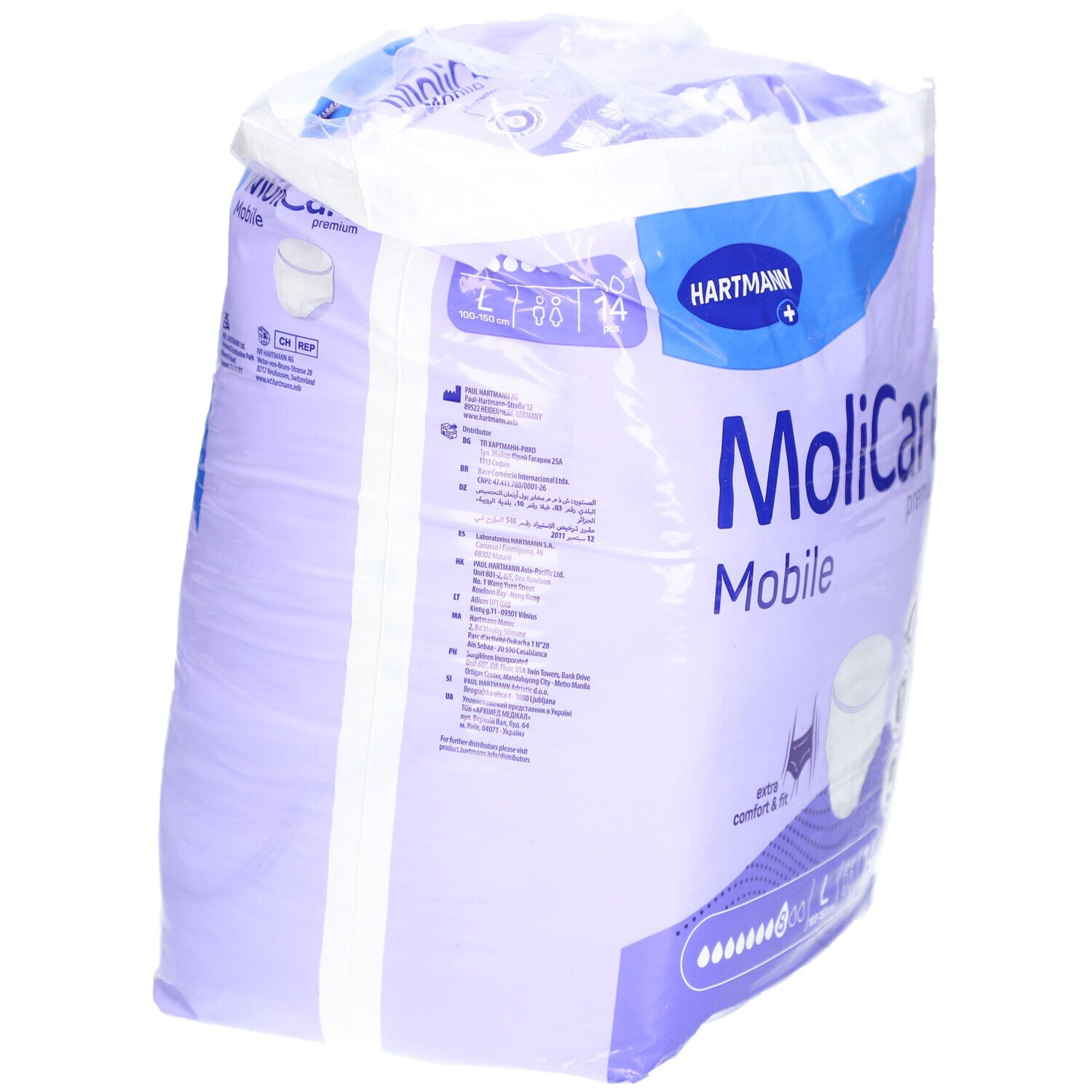 Verpackung MoliCare Mobile Premium. Marke Hartmann. Größe L, 14 Stück. Produktinformationen.