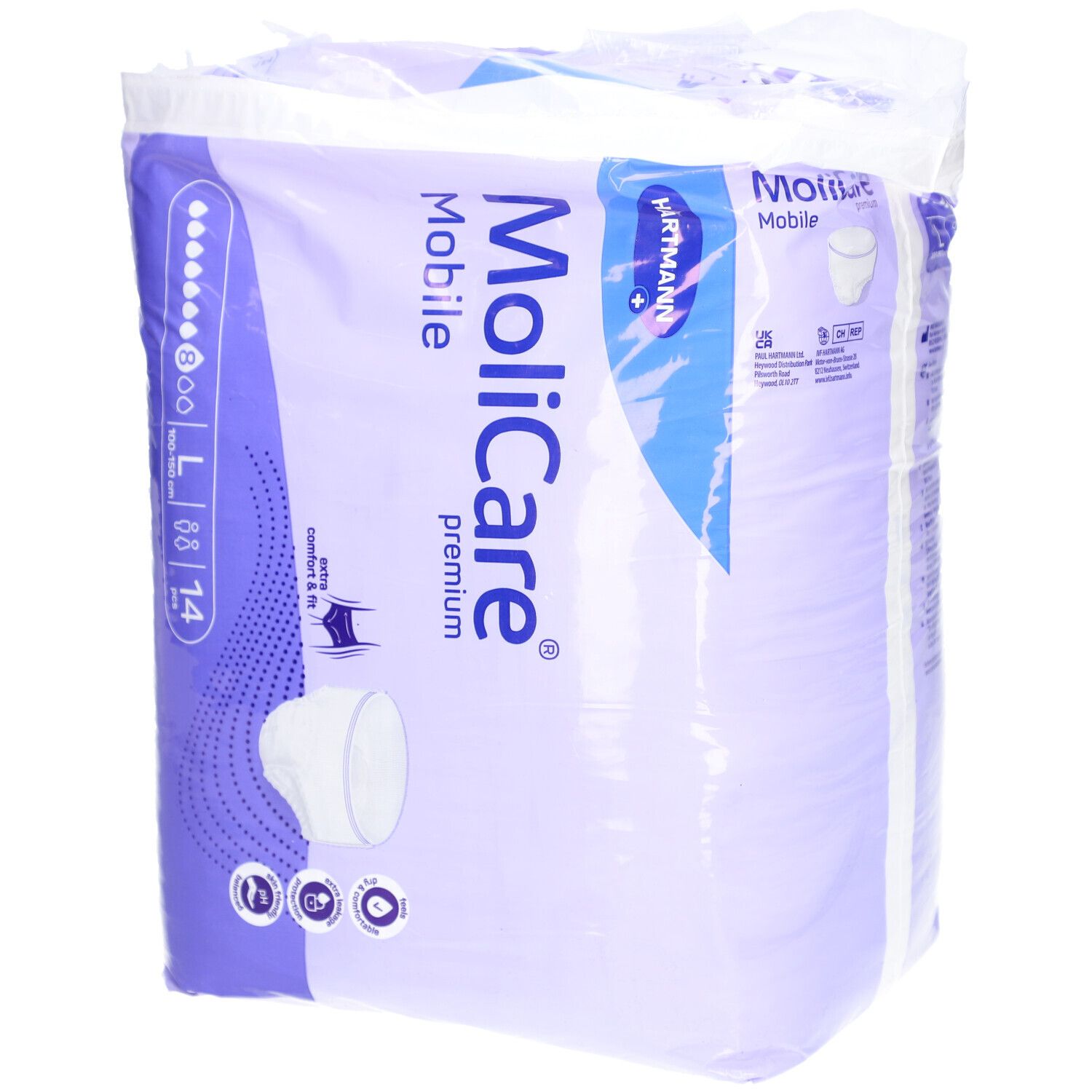 Verpackung MoliCare Mobile Premium. Marke Hartmann. Größe L, 14 Stück. Extra Komfort & Passform.