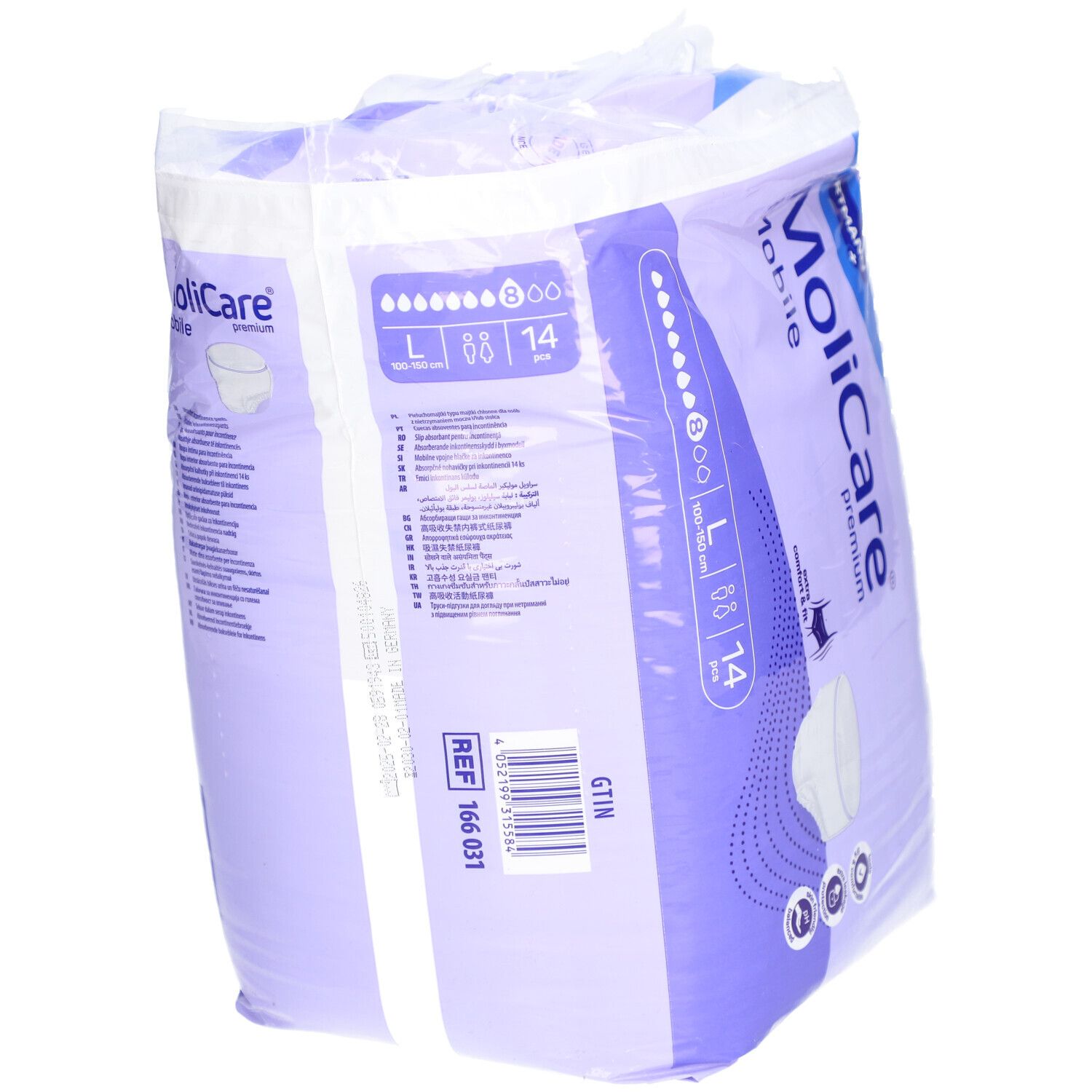 Verpackung MoliCare Mobile Premium. Marke Hartmann. Größe L, 14 Stück. Produktinformationen.