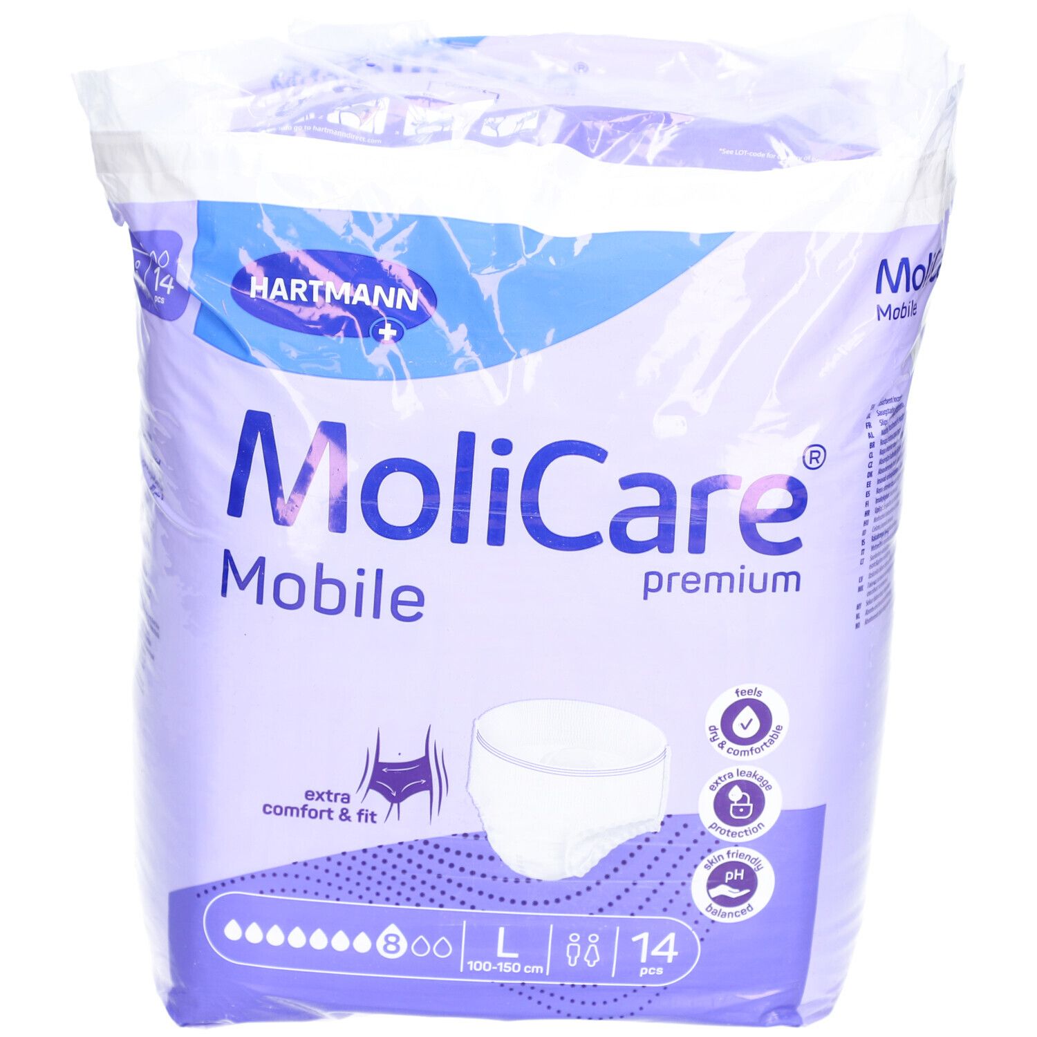 Verpackung MoliCare Mobile Premium. Marke Hartmann. Größe L, 14 Stück. Extra Komfort & Passform.