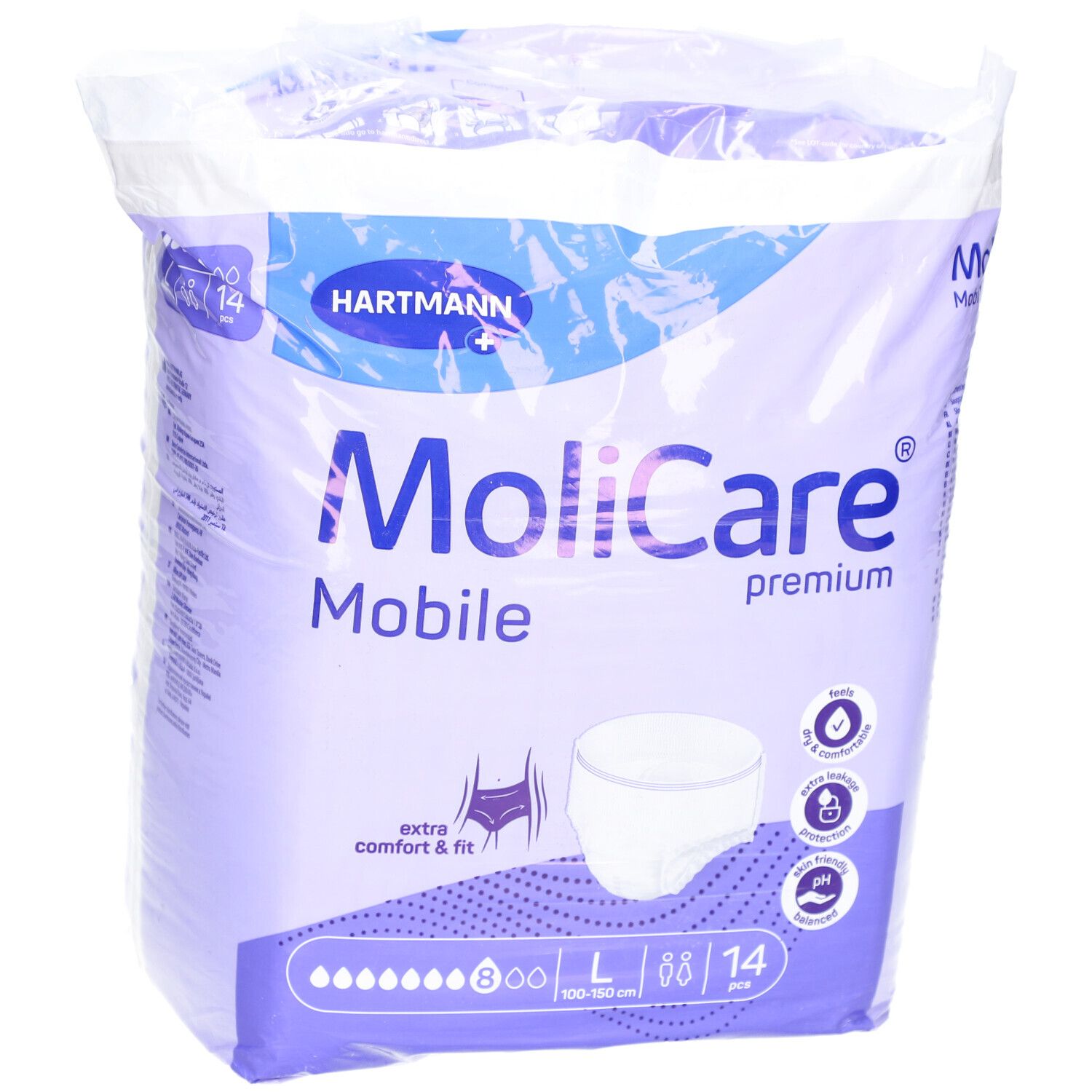 Verpackung MoliCare Mobile Premium. Marke Hartmann. Größe L, 14 Stück. Extra Komfort & Passform.