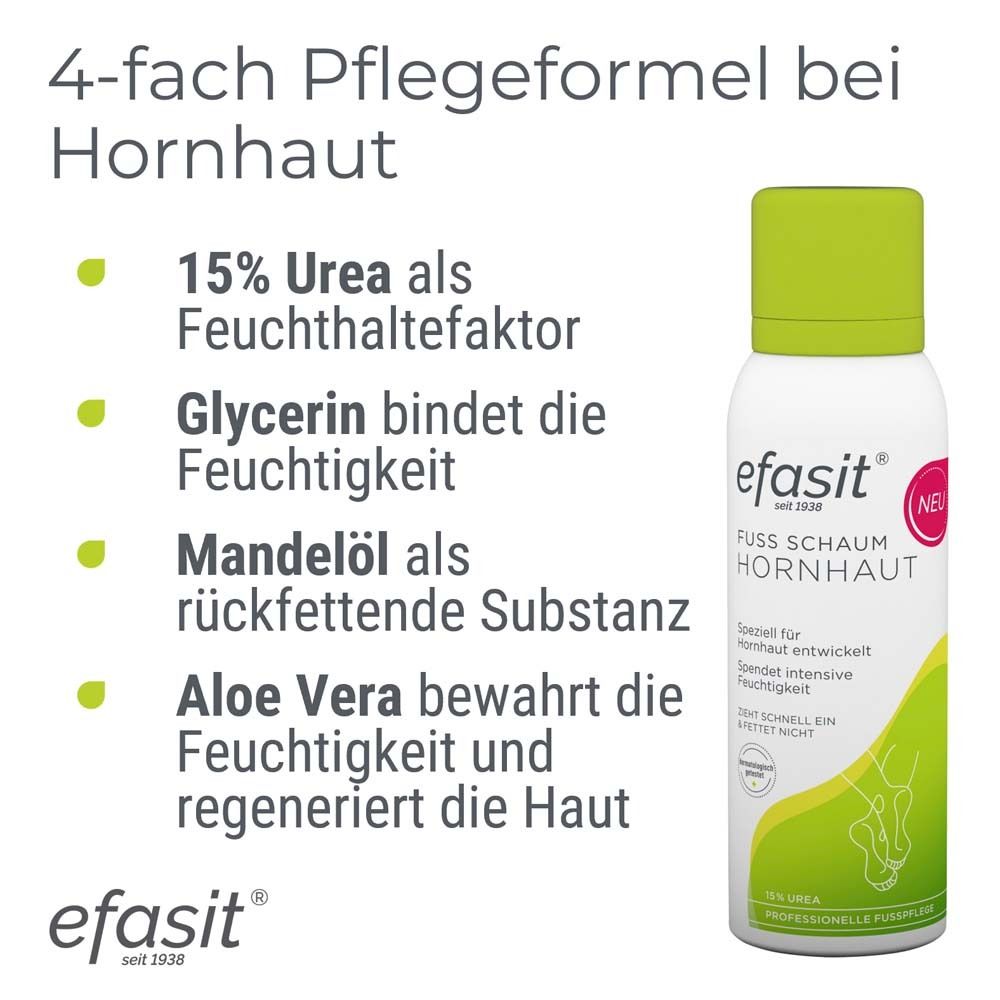 Text: 4-fach Pflegeformel bei Hornhaut. 15% Urea, Glycerin, Mandelöl, Aloe Vera. efasit® Fuß Schaum Hornhaut.