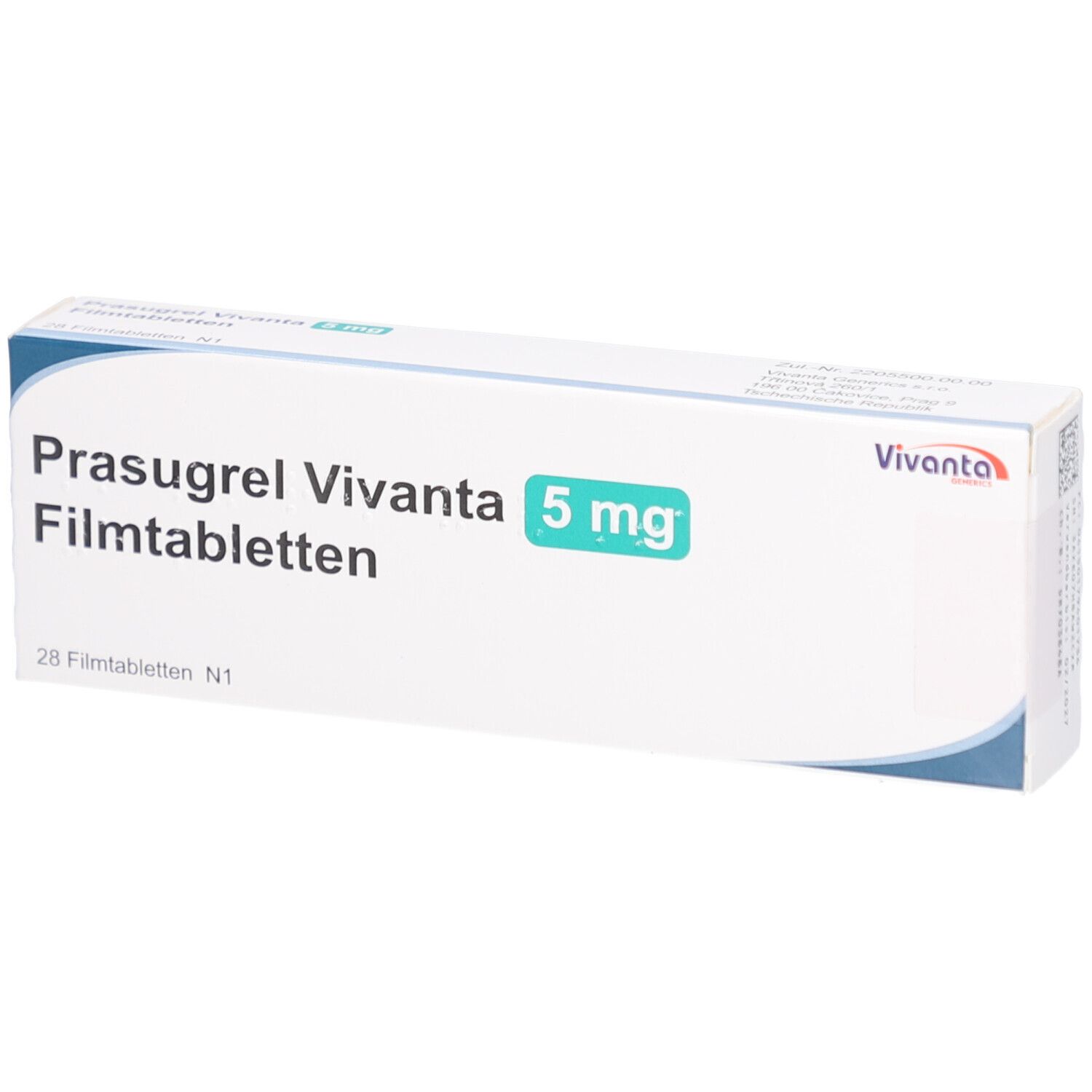 Schachtel mit Prasugrel Vivanta 5 mg Filmtabletten. Aufschrift: 28 Filmtabletten N1. Vivanta-Logo.
