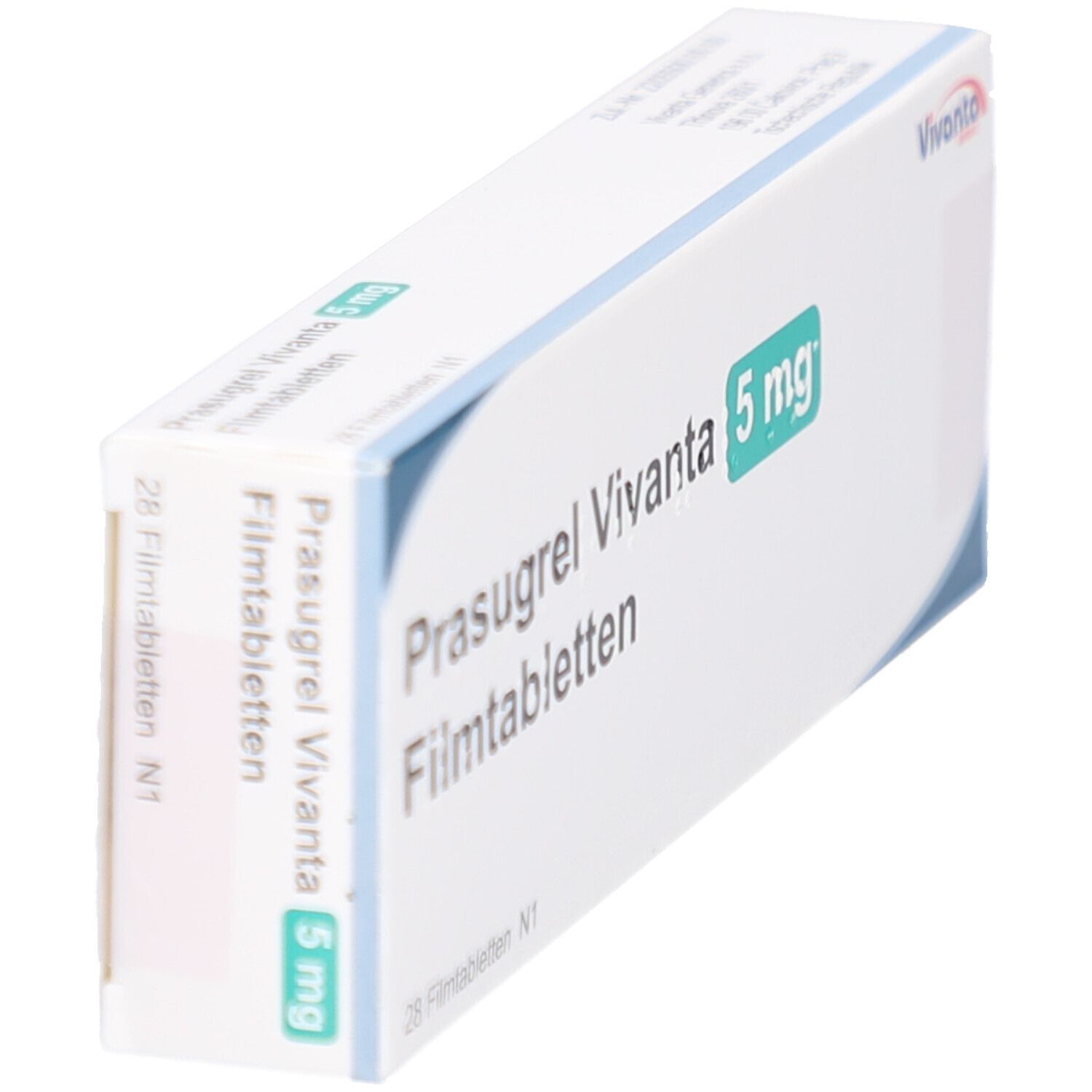 Schachtel Prasugrel Vivanta 5 mg Filmtabletten, schräg. Aufschrift: 28 Filmtabletten N1. Vivanta-Logo.